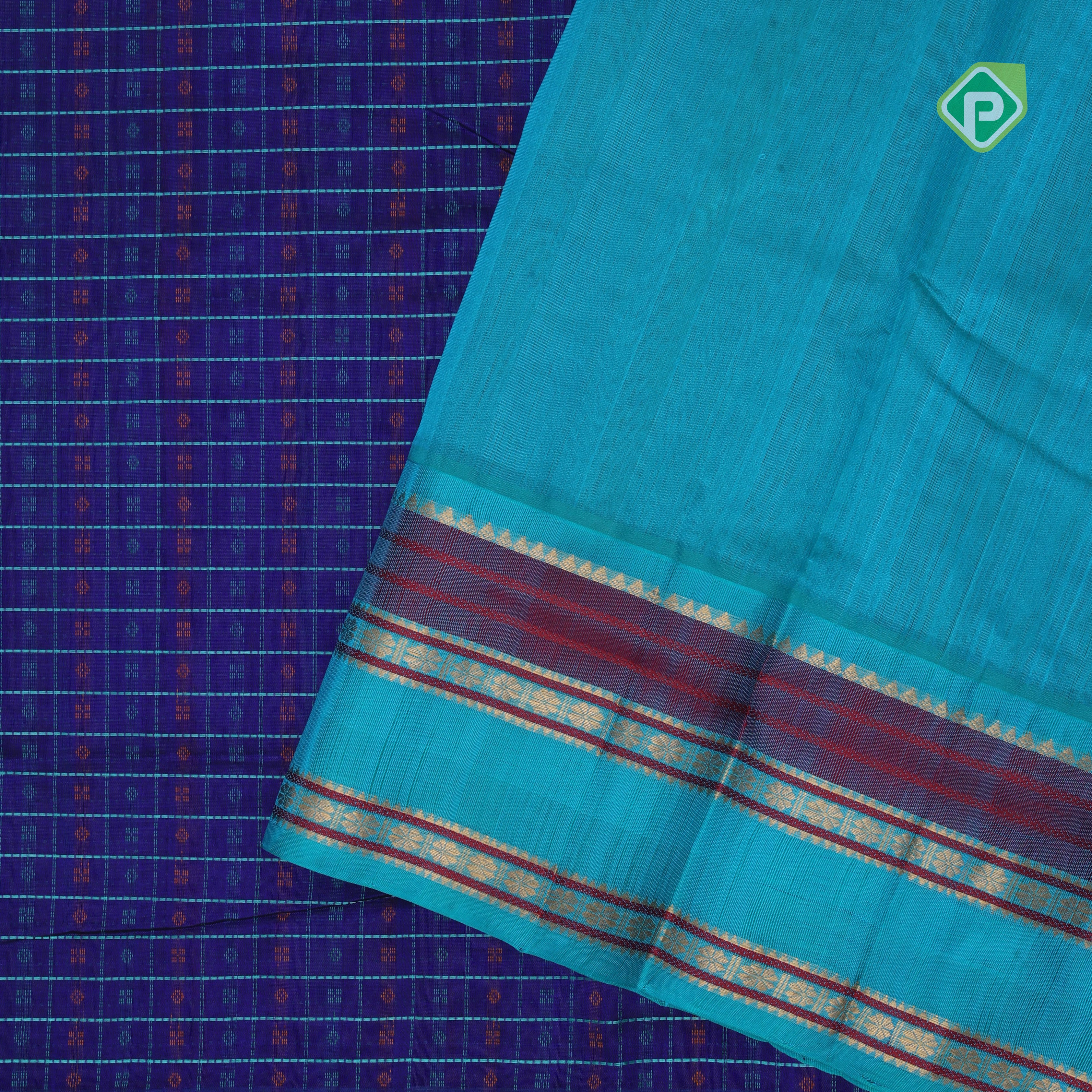 Blue base thread checks and butta design double color gold zari border silk cotton saree