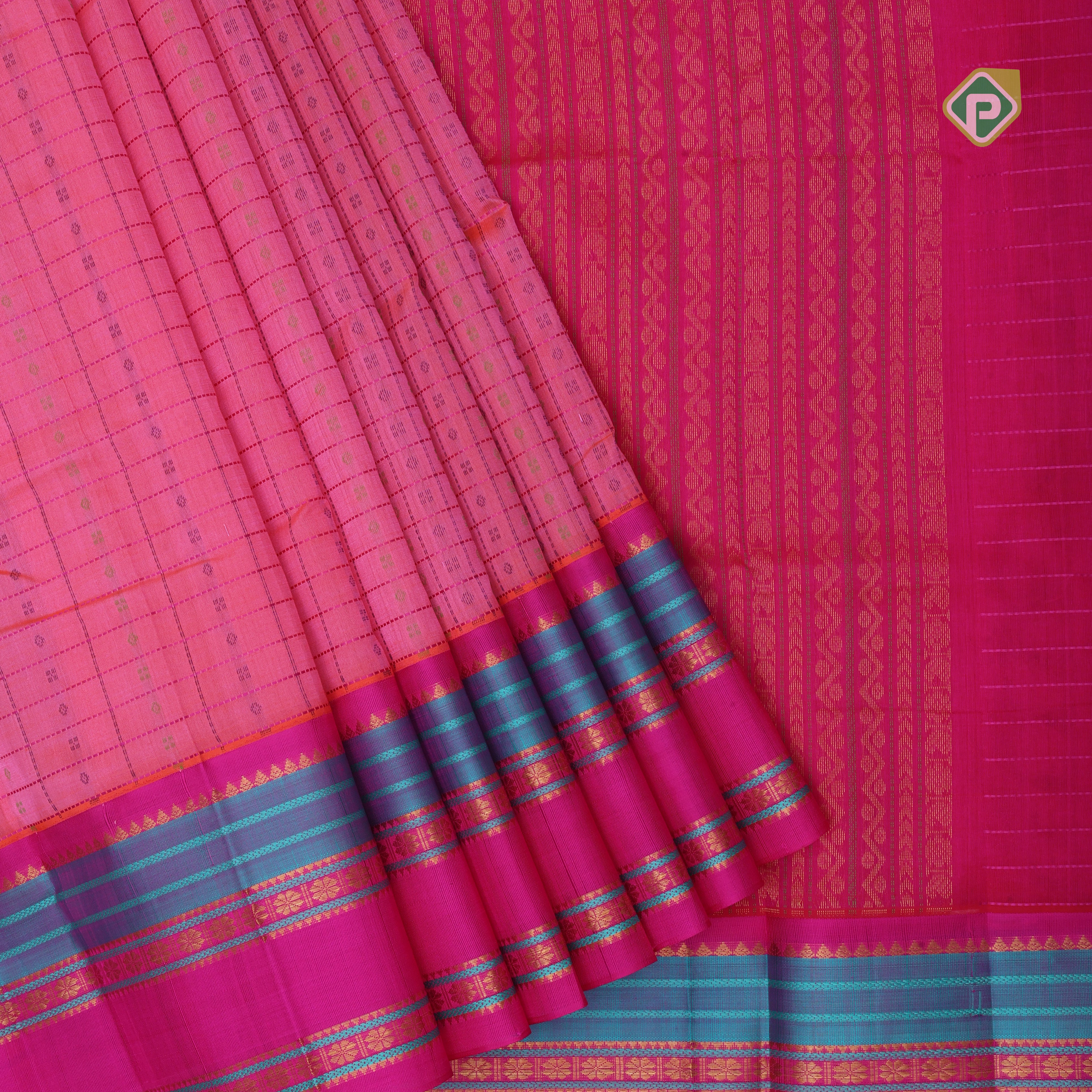 Pink base thread checks and butta design double color gold zari border silk cotton saree
