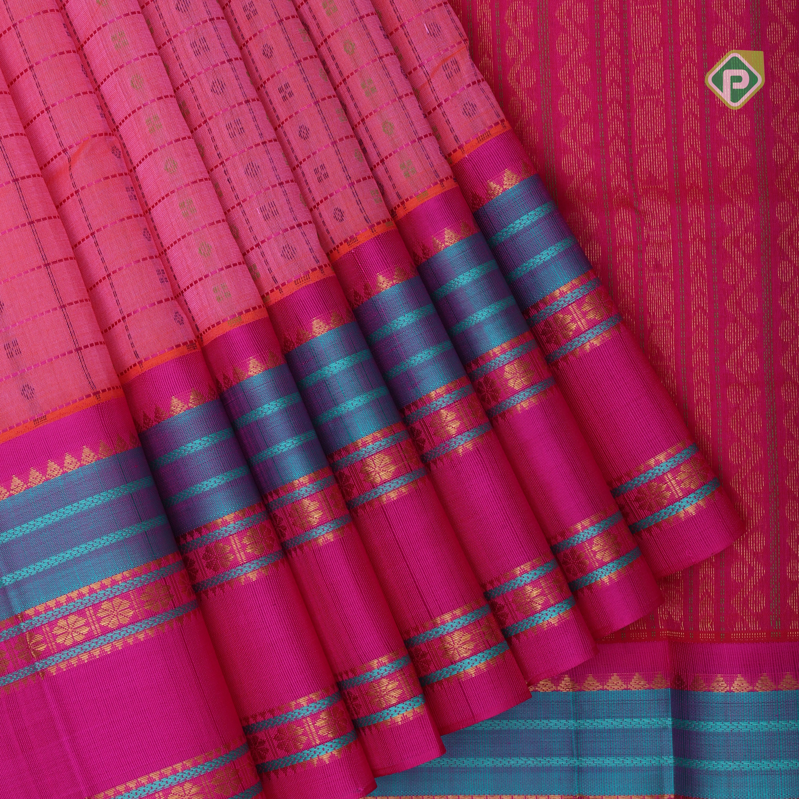 Pink base thread checks and butta design double color gold zari border silk cotton saree