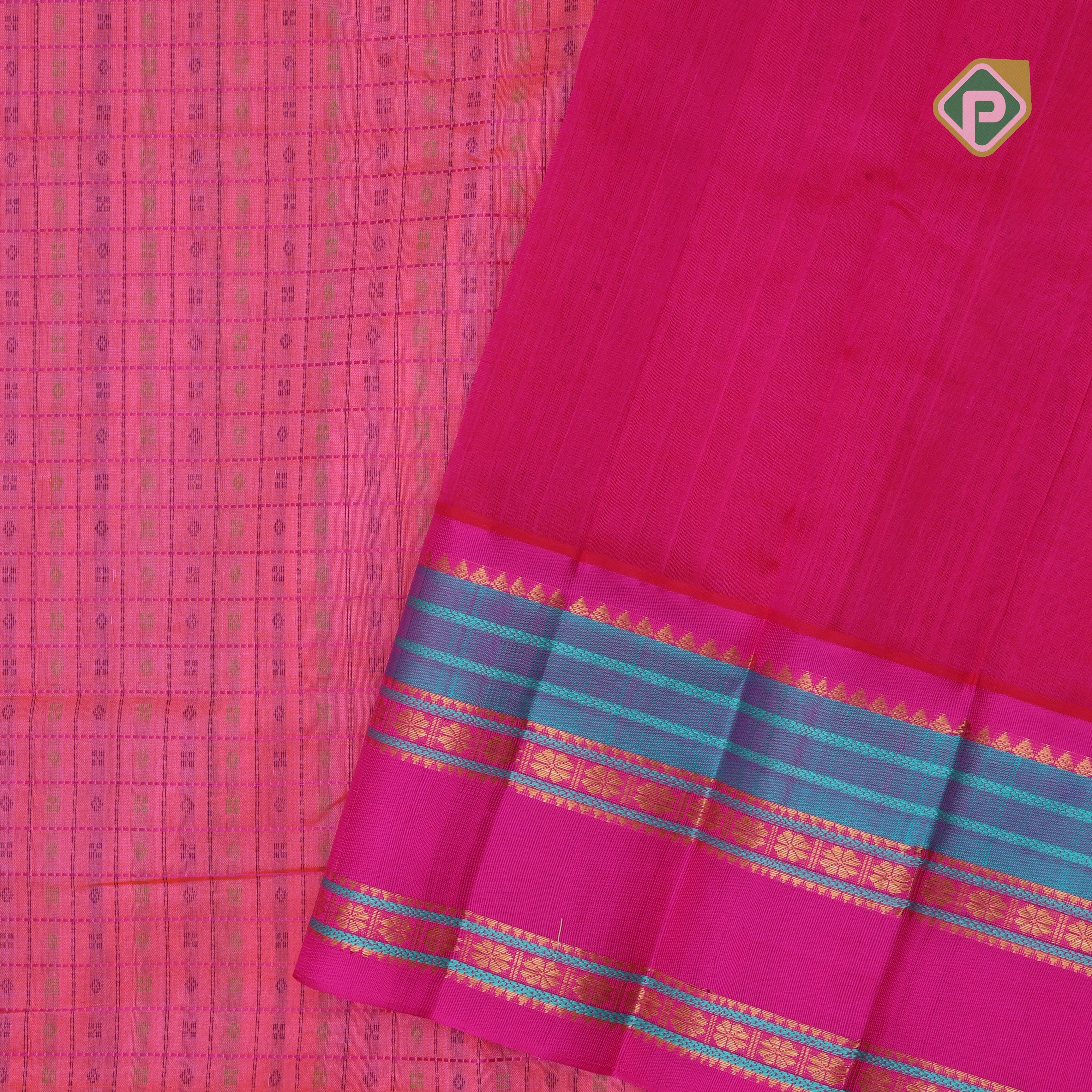 Pink base thread checks and butta design double color gold zari border silk cotton saree
