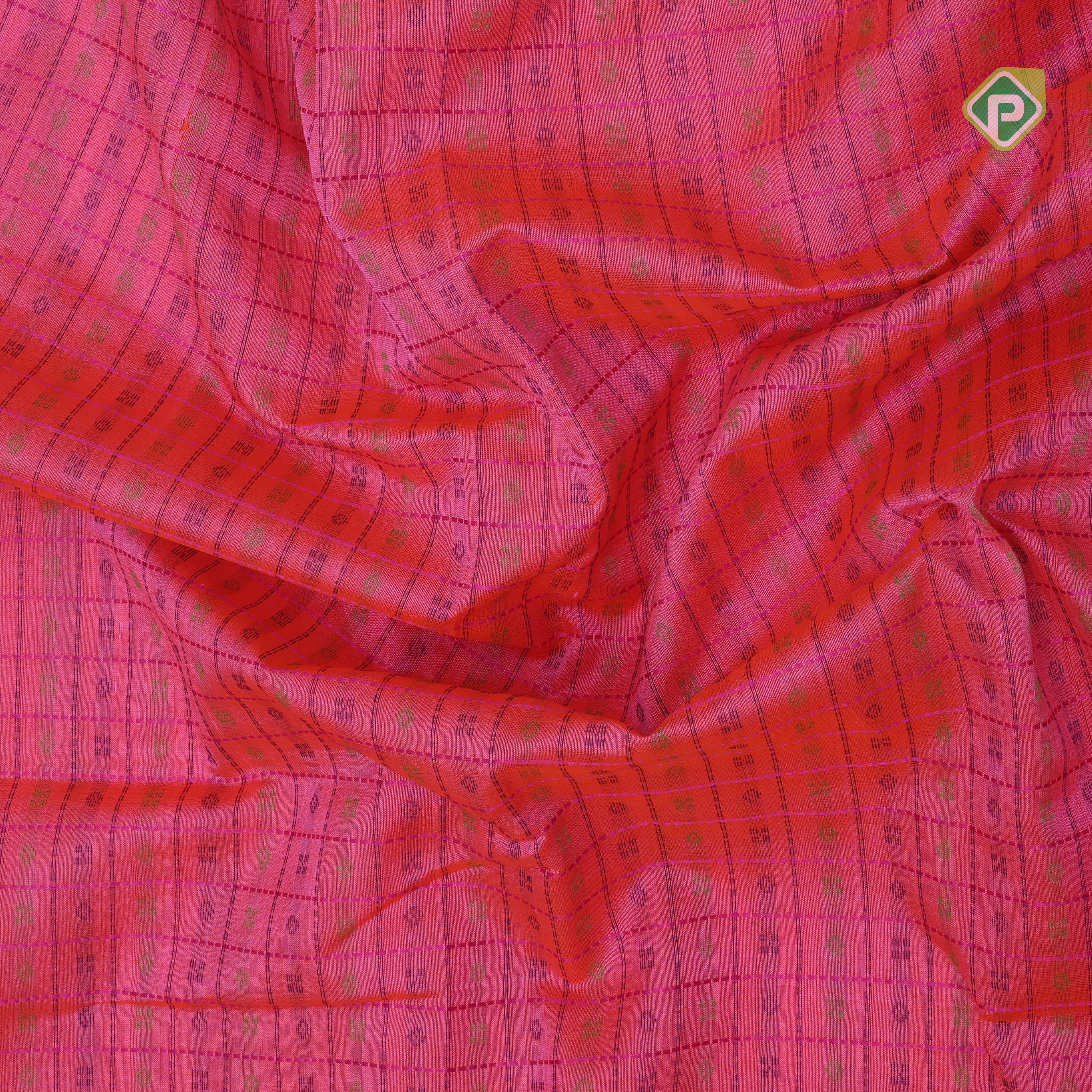 Pink base thread checks and butta design double color gold zari border silk cotton saree