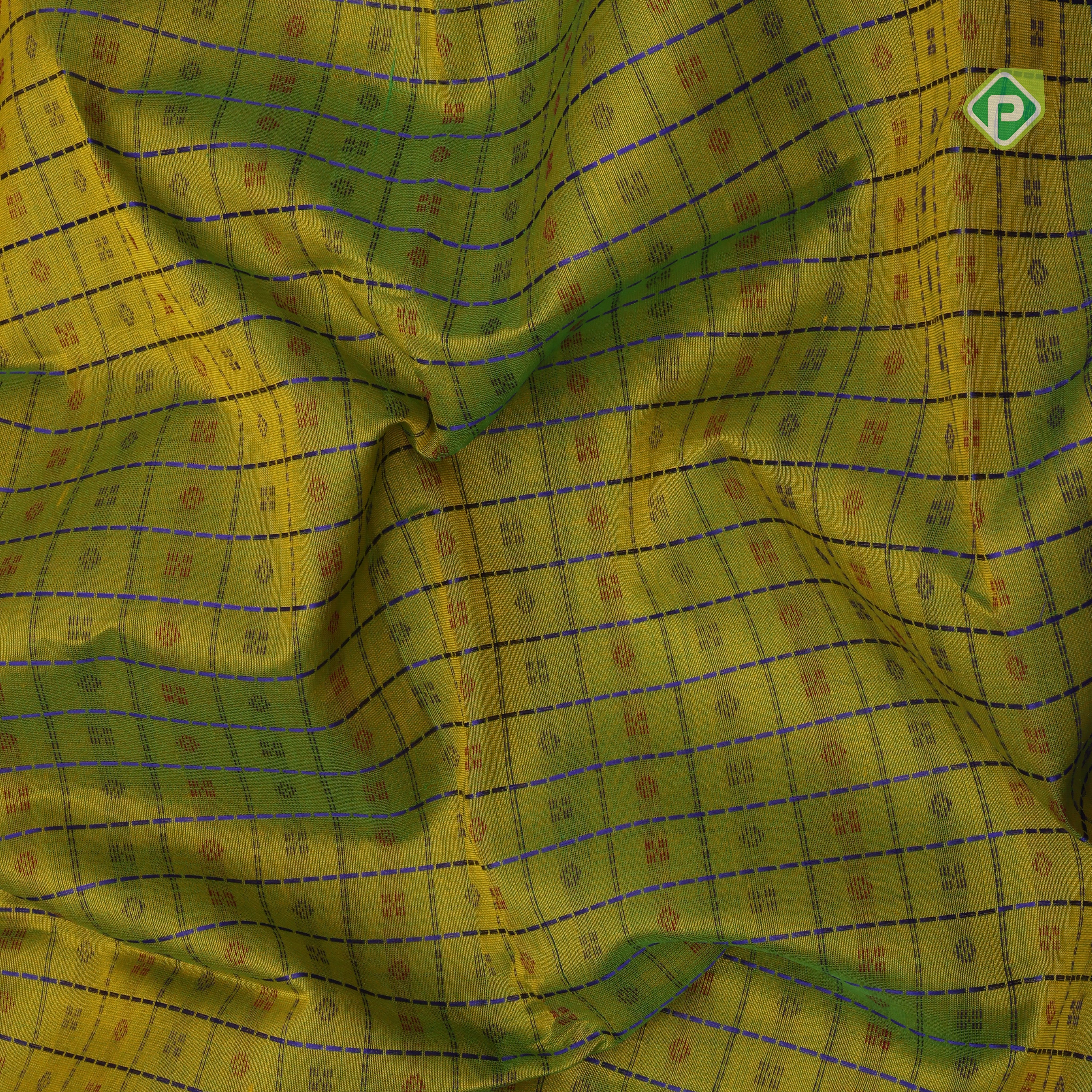 Android green blue thread checks and butta design double color gold zari border silk cotton saree