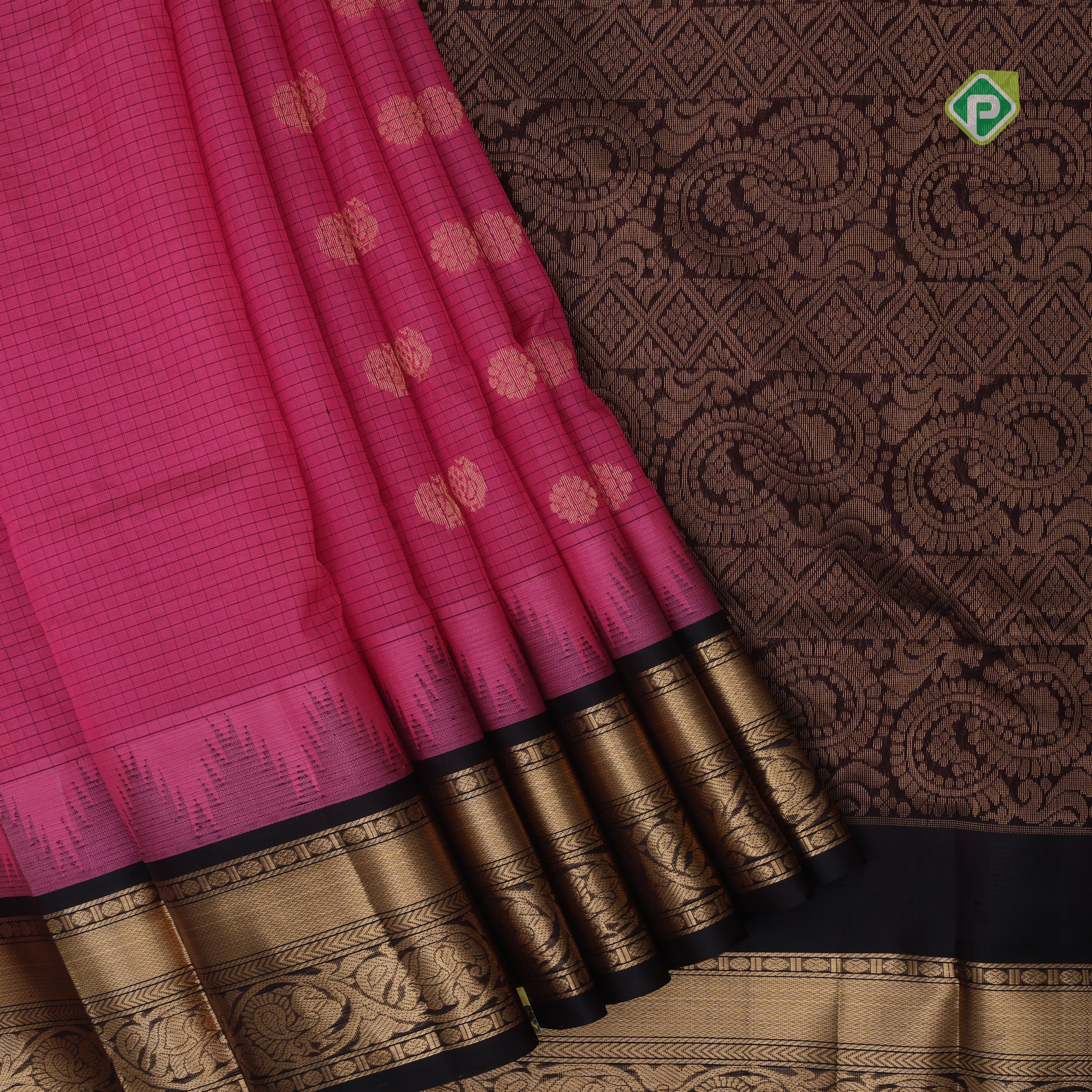 Pink gold zari mayil rudraksham butta checked grand pallu design Dark brown border silk cotton saree