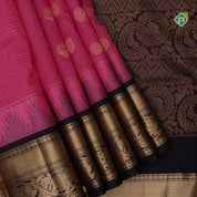 Pink gold zari mayil rudraksham butta checked grand pallu design Dark brown border silk cotton saree