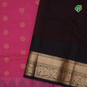 Pink gold zari mayil rudraksham butta checked grand pallu design Dark brown border silk cotton saree