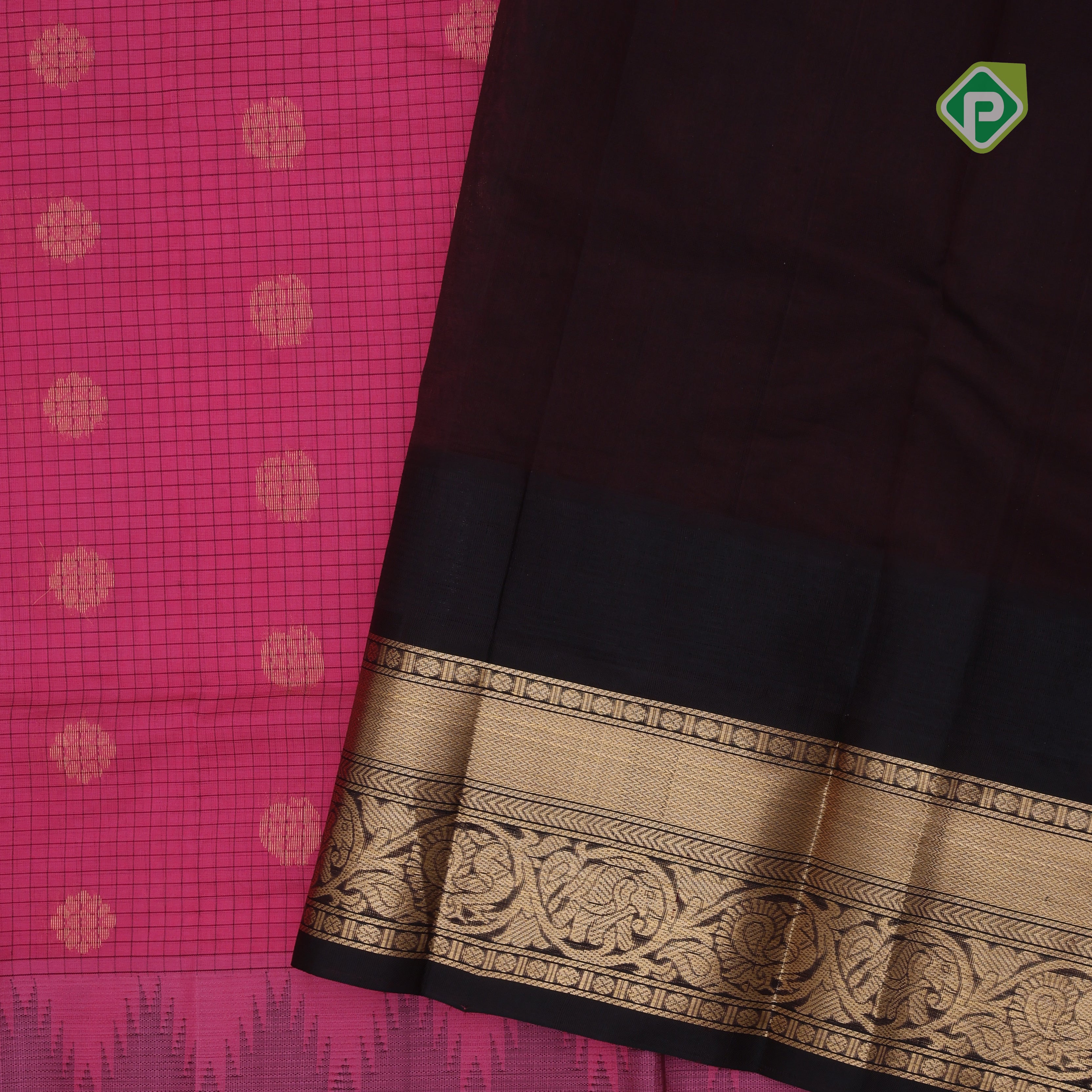 Pink gold zari mayil rudraksham butta checked grand pallu design Dark brown border silk cotton saree