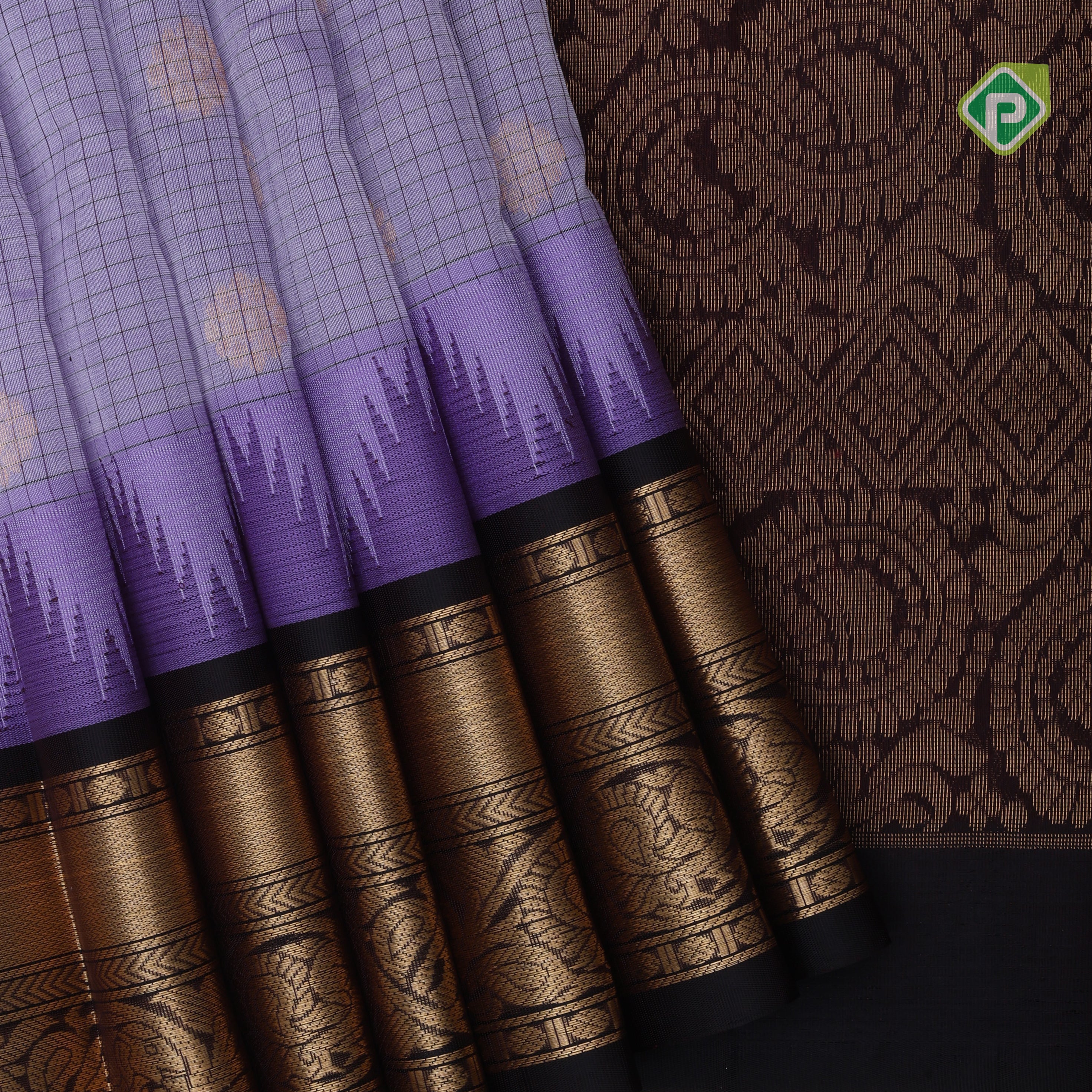 Lavender gold zari mayil rudraksham butta checked grand pallu design Dark brown border silk cotton saree