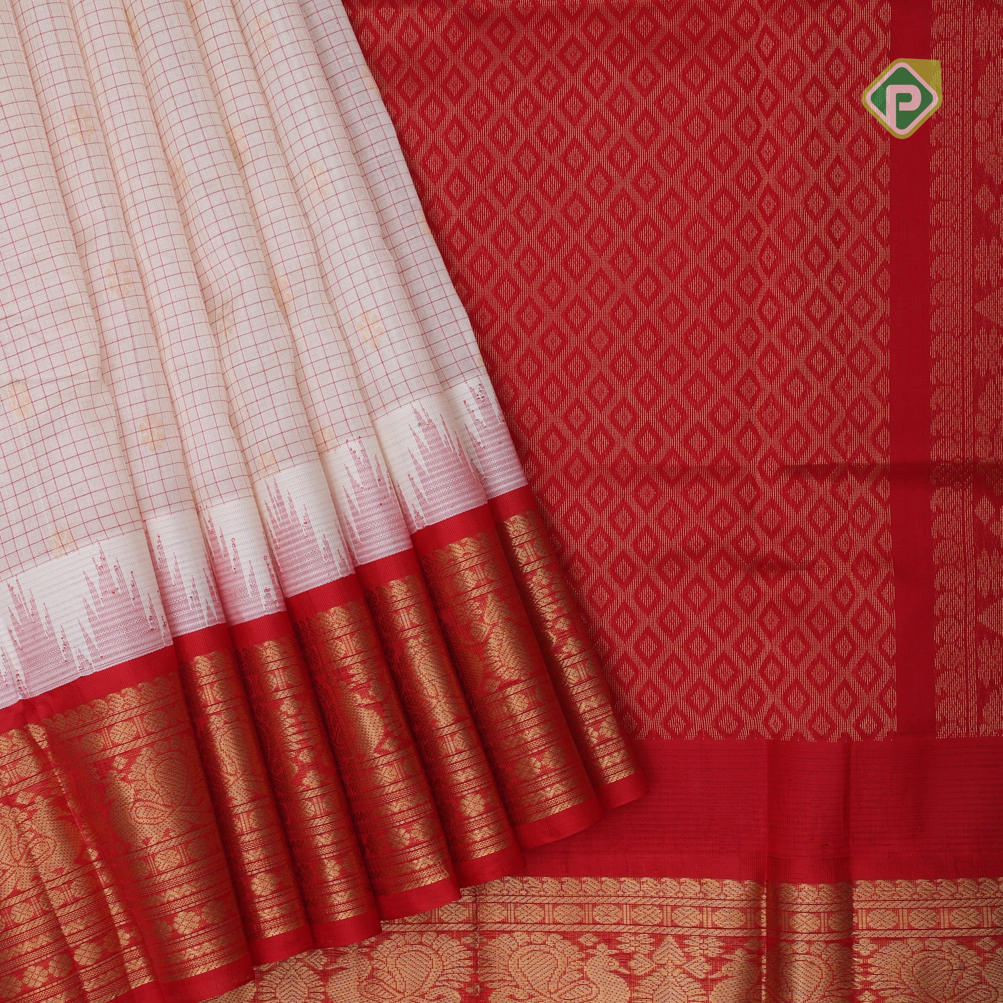White red micro checks and kamalam butta grand pallu design red gold zari border silk cotton saree