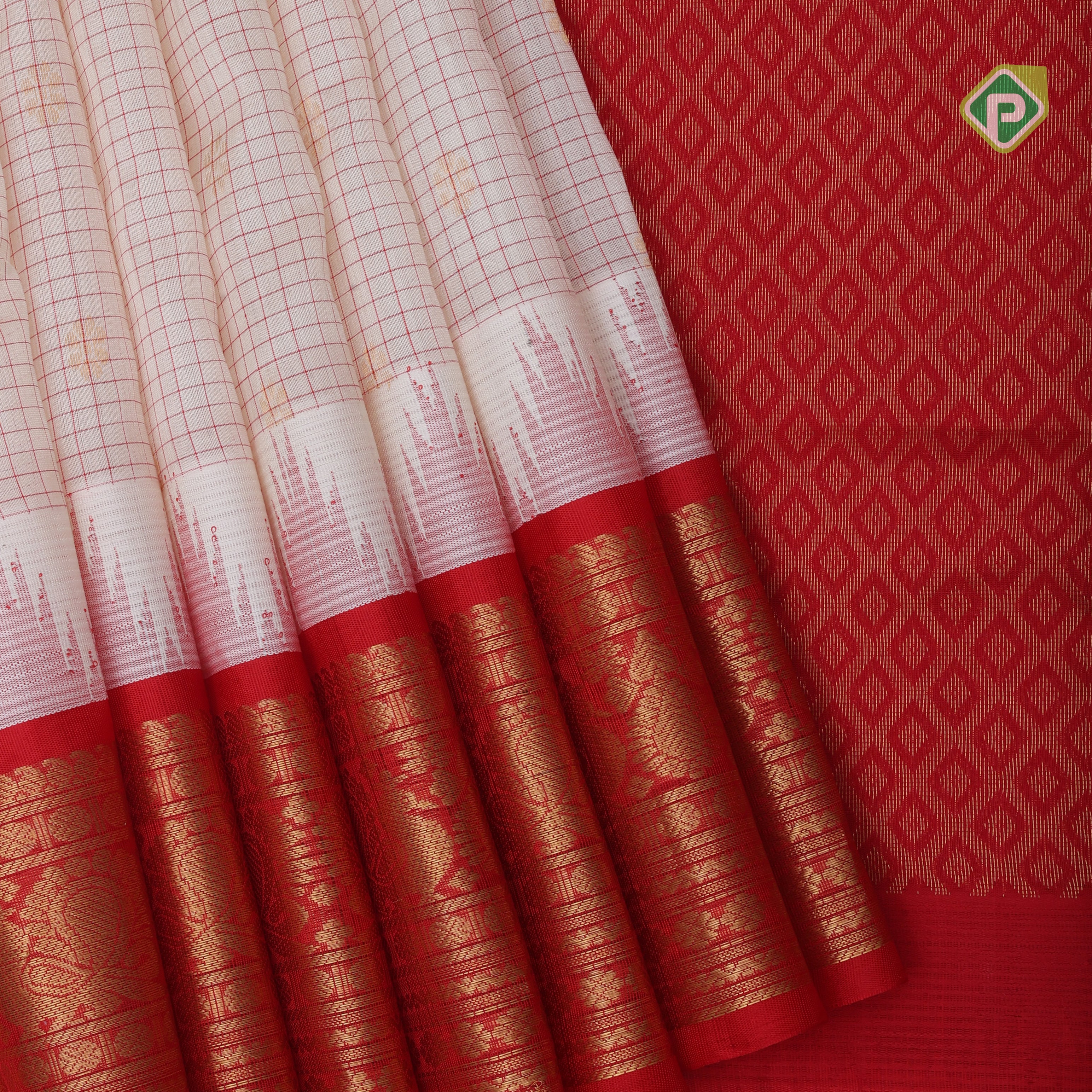 White red micro checks and kamalam butta grand pallu design red gold zari border silk cotton saree