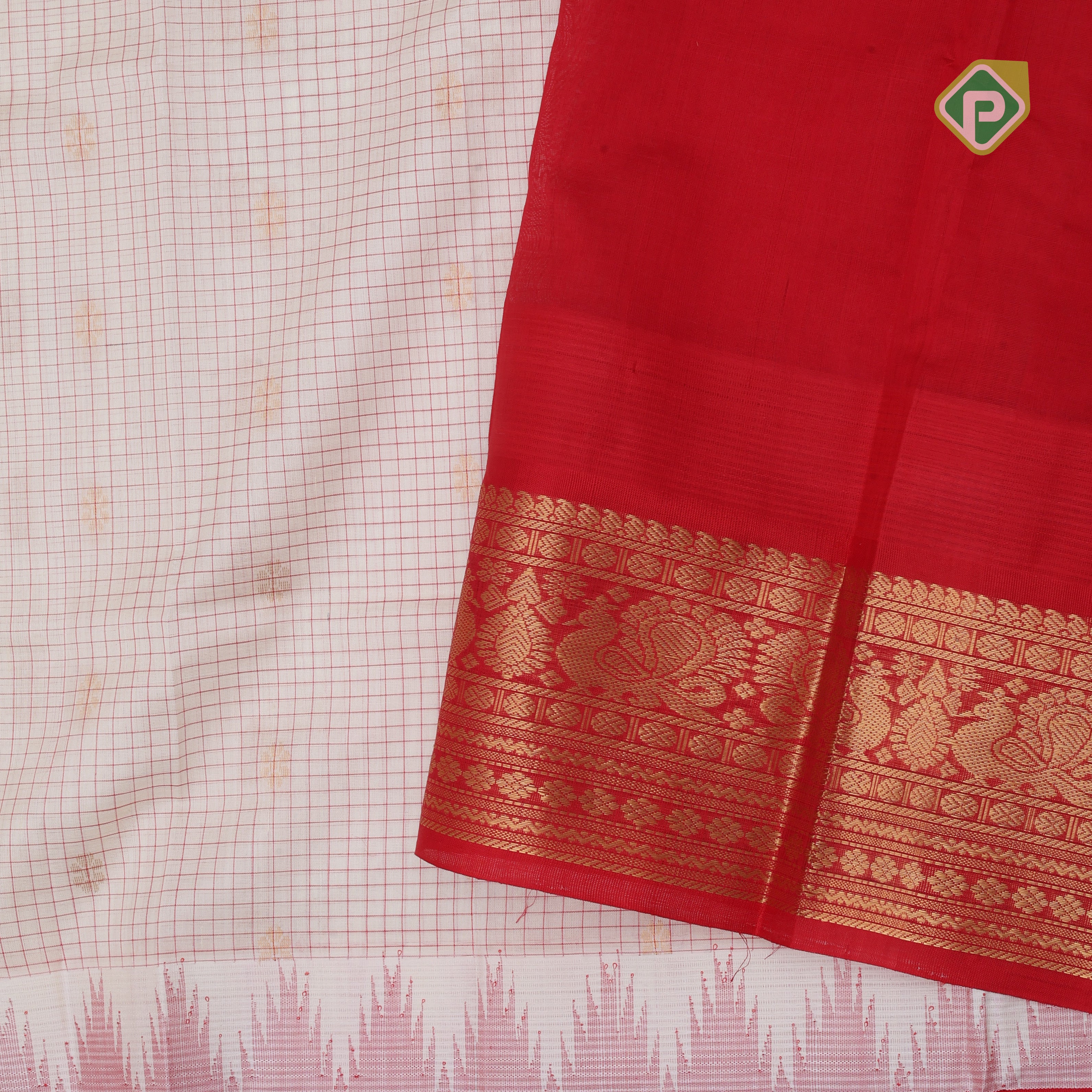 White red micro checks and kamalam butta grand pallu design red gold zari border silk cotton saree