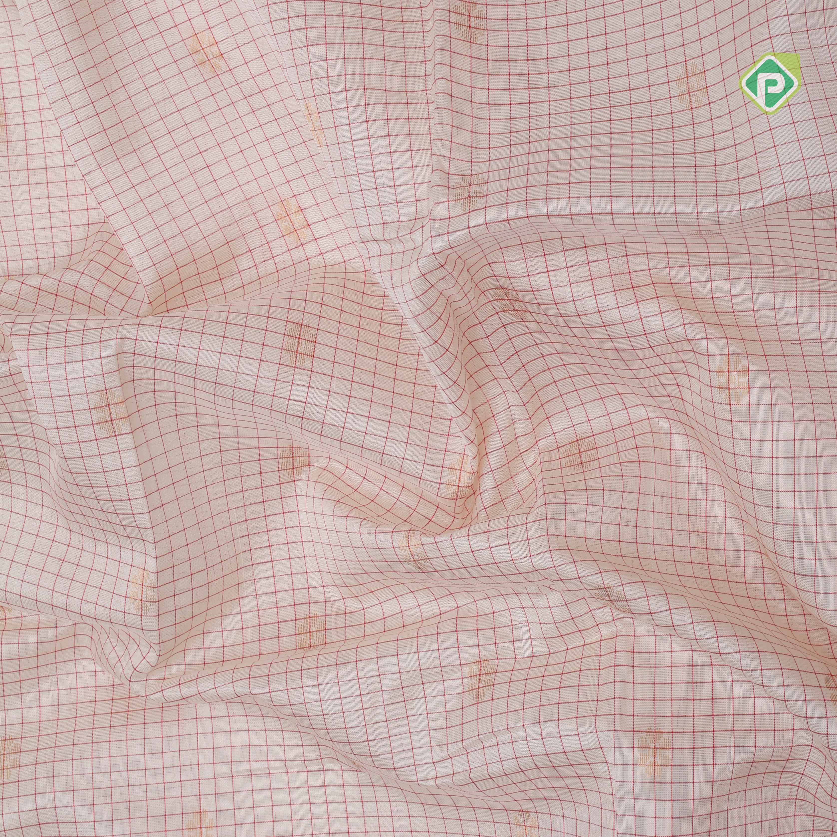 White red micro checks and kamalam butta grand pallu design red gold zari border silk cotton saree