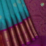 Sea green gold zari mayil rudraksham butta checked grand pallu design contrast border silk cotton saree