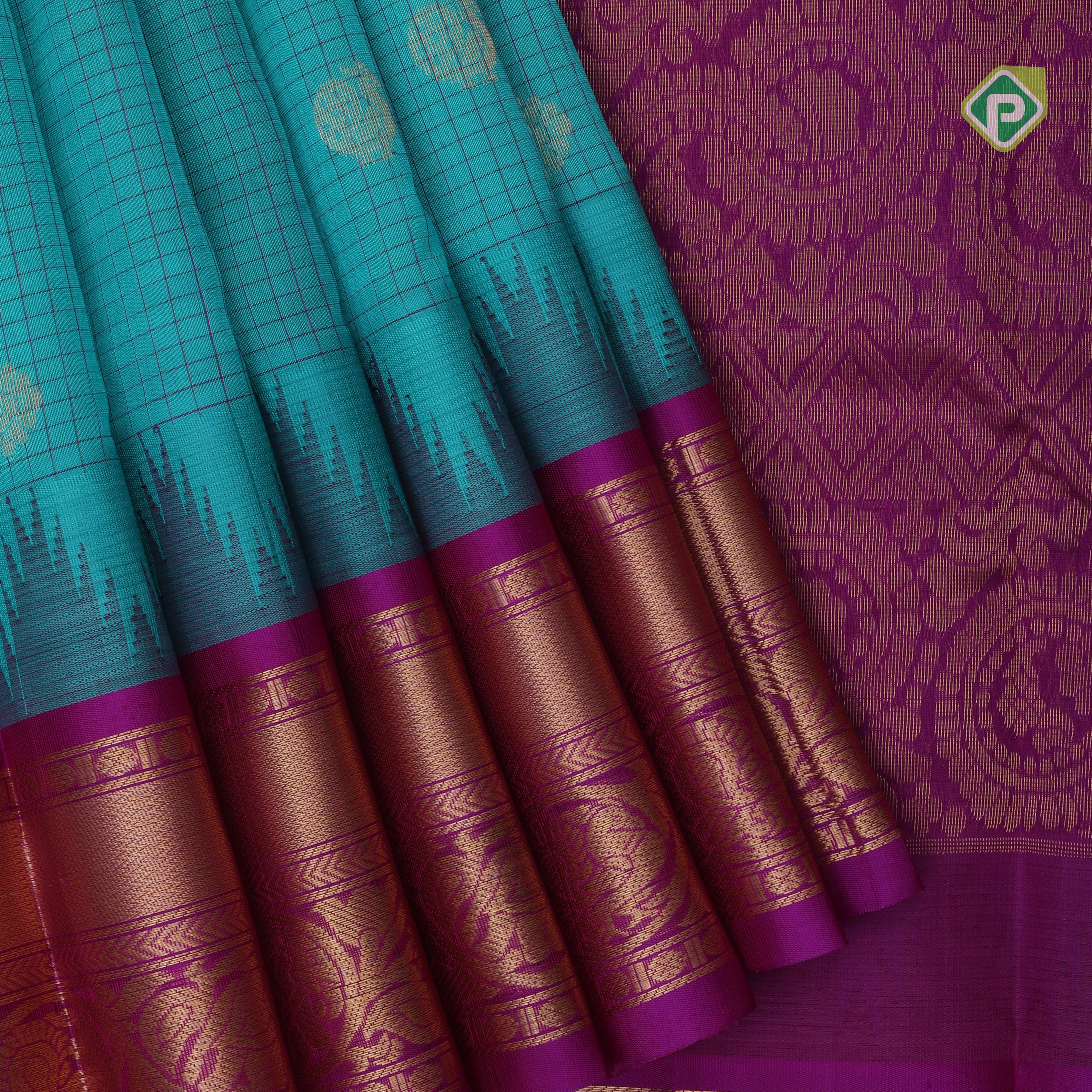 Sea green gold zari mayil rudraksham butta checked grand pallu design contrast border silk cotton saree