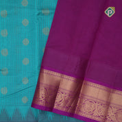Sea green gold zari mayil rudraksham butta checked grand pallu design contrast border silk cotton saree