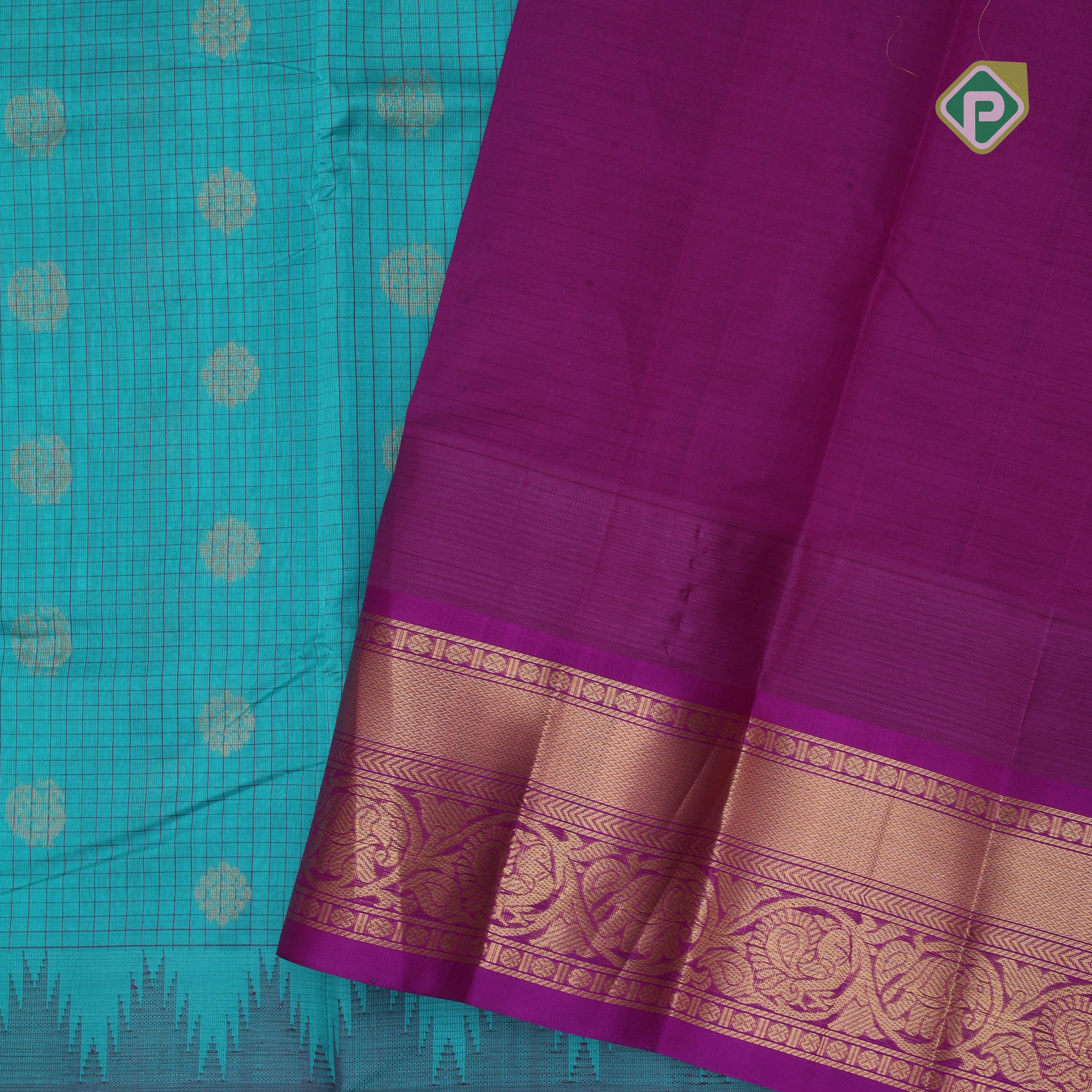 Sea green gold zari mayil rudraksham butta checked grand pallu design contrast border silk cotton saree