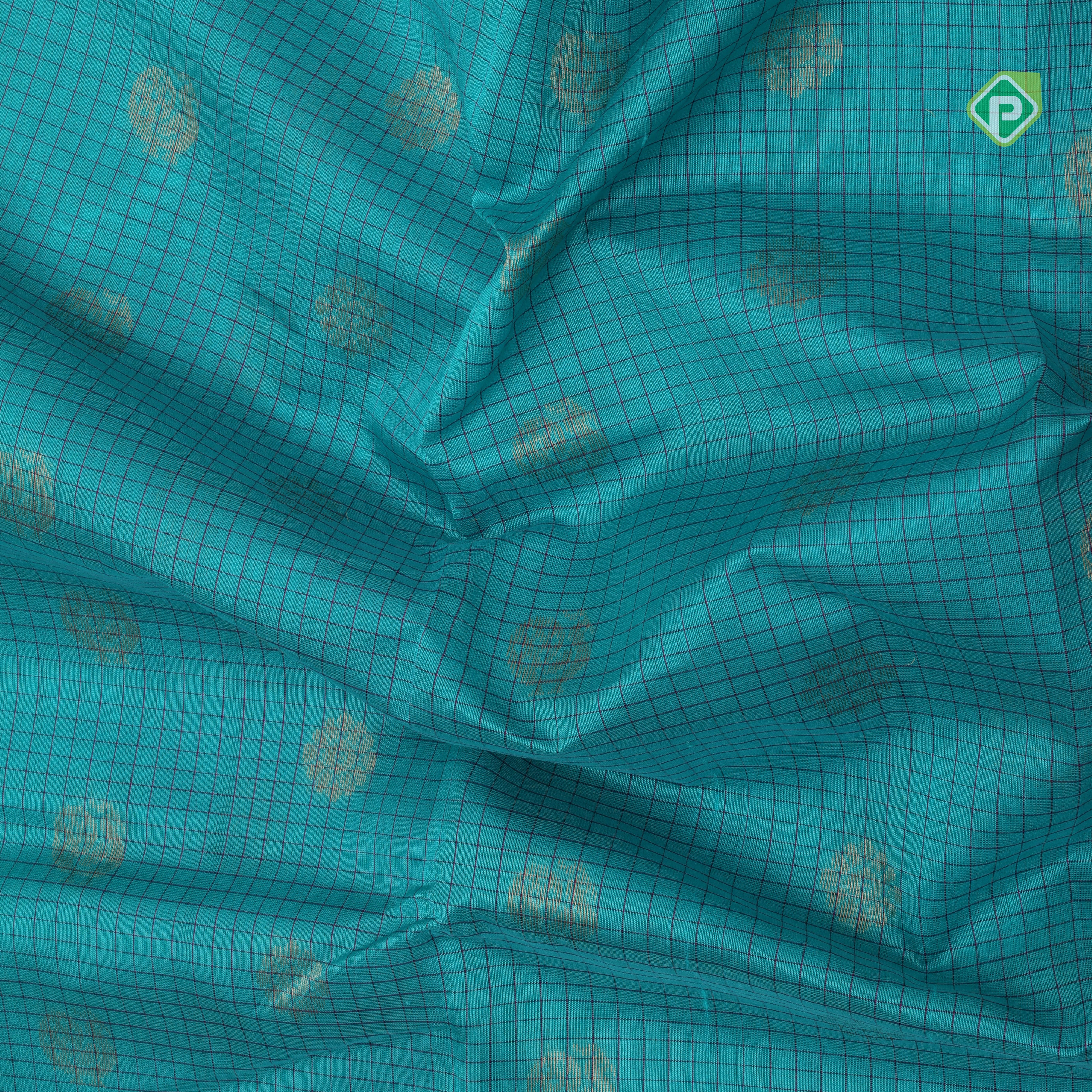 Sea green gold zari mayil rudraksham butta checked grand pallu design contrast border silk cotton saree