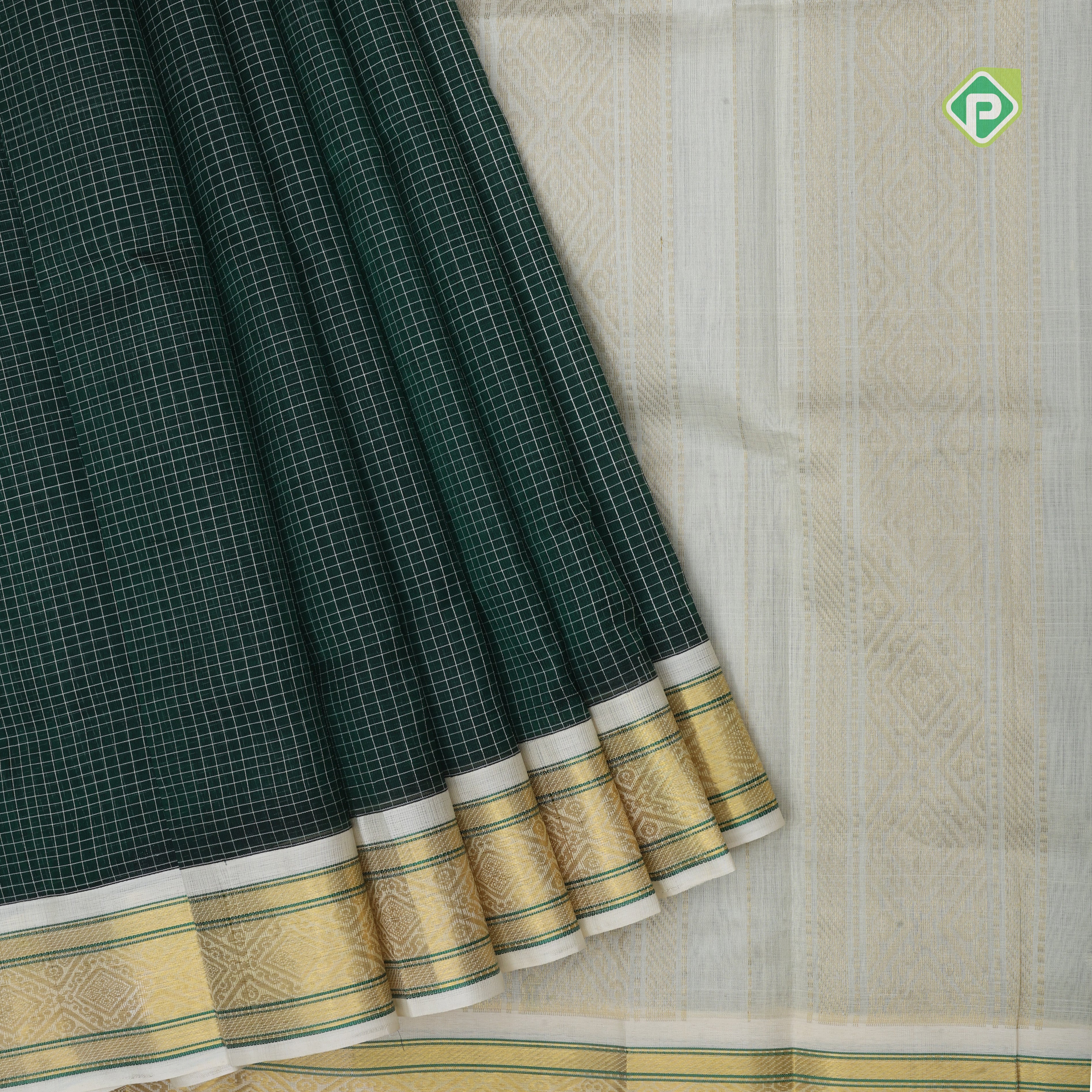Deep green White micro checks grand pallu design cream white gold zari border silk cotton saree