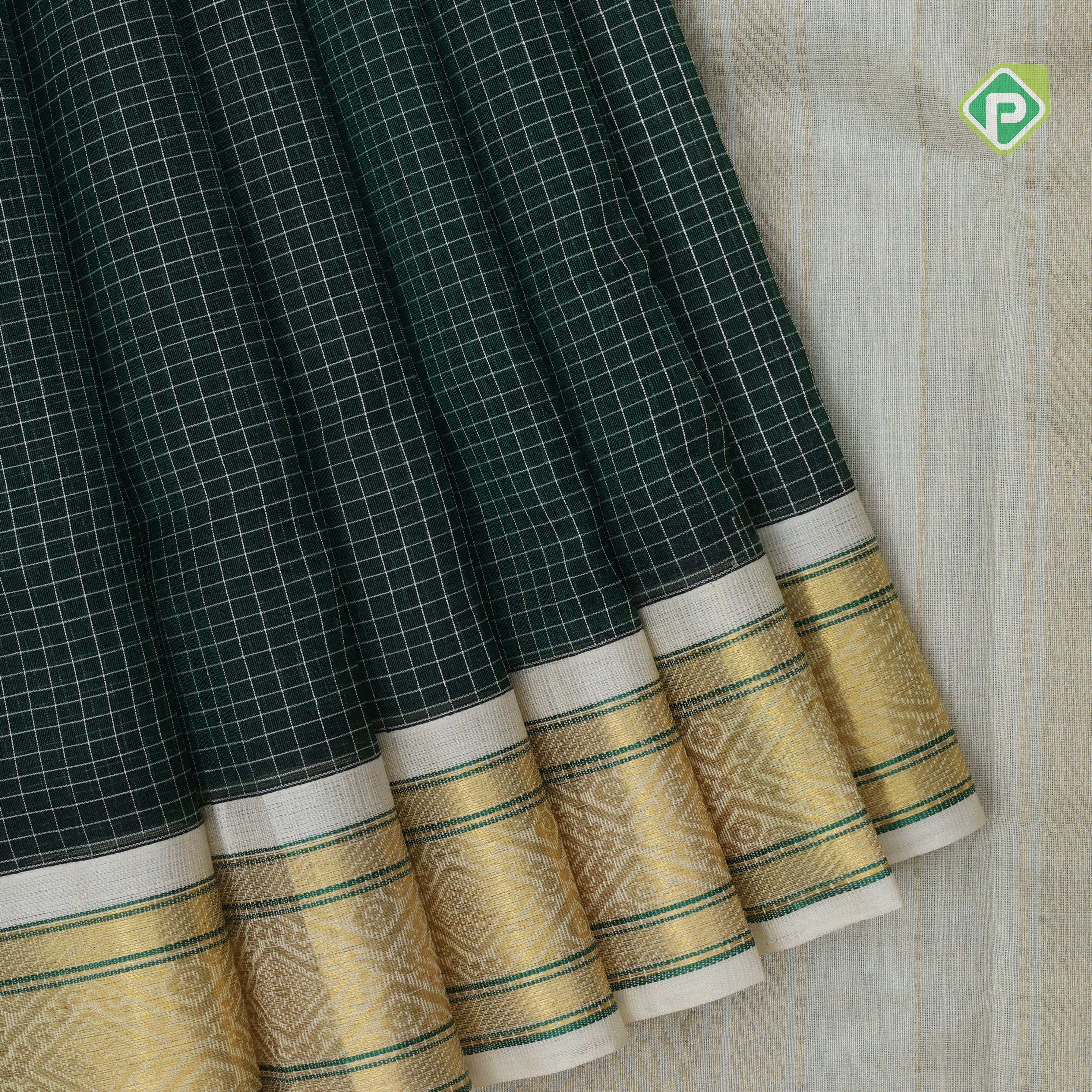 Deep green White micro checks grand pallu design cream white gold zari border silk cotton saree