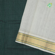 Deep green White micro checks grand pallu design cream white gold zari border silk cotton saree