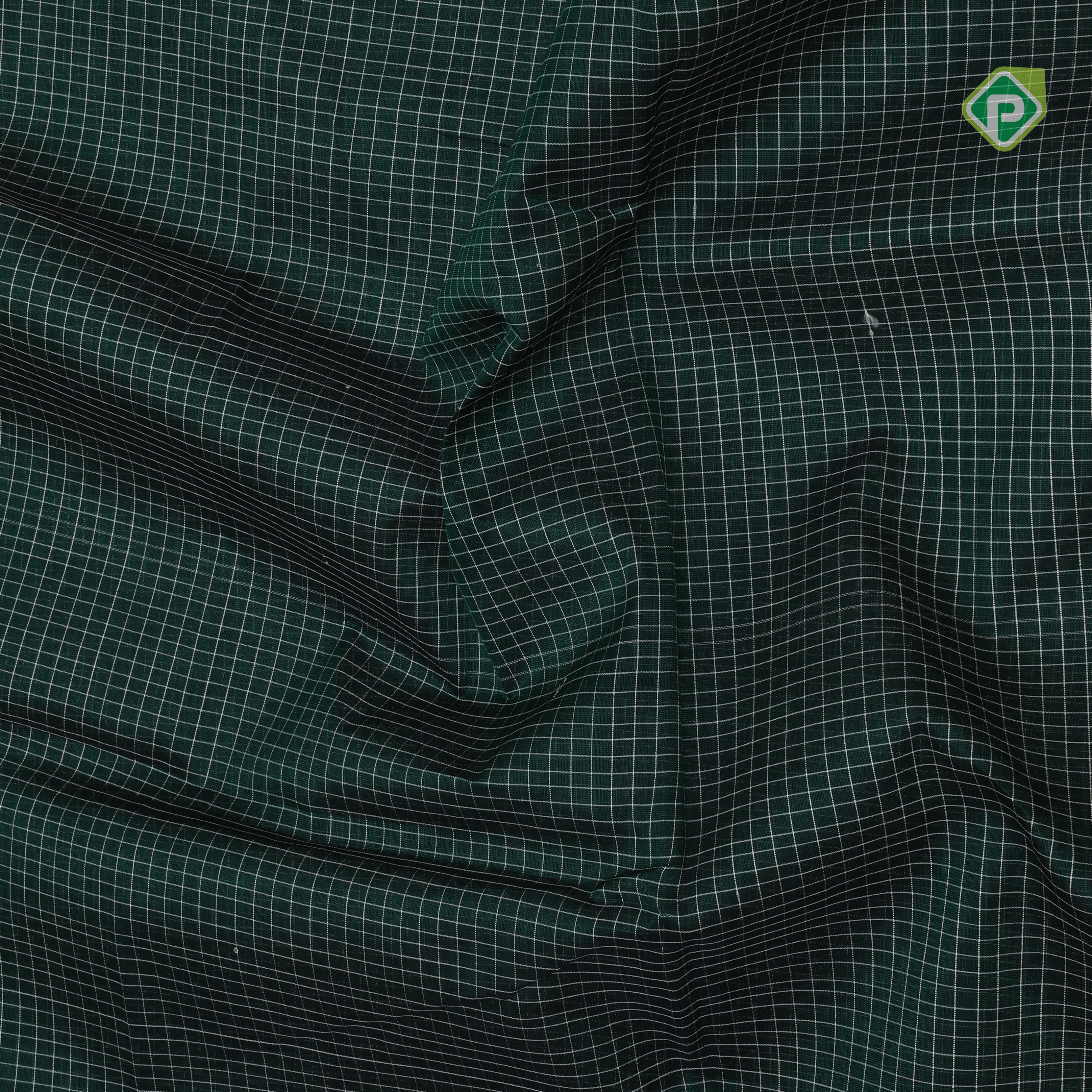 Deep green White micro checks grand pallu design cream white gold zari border silk cotton saree