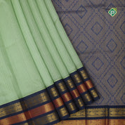 Mint green micro checks grand pallu design Bluish grey gold zari border silk cotton saree