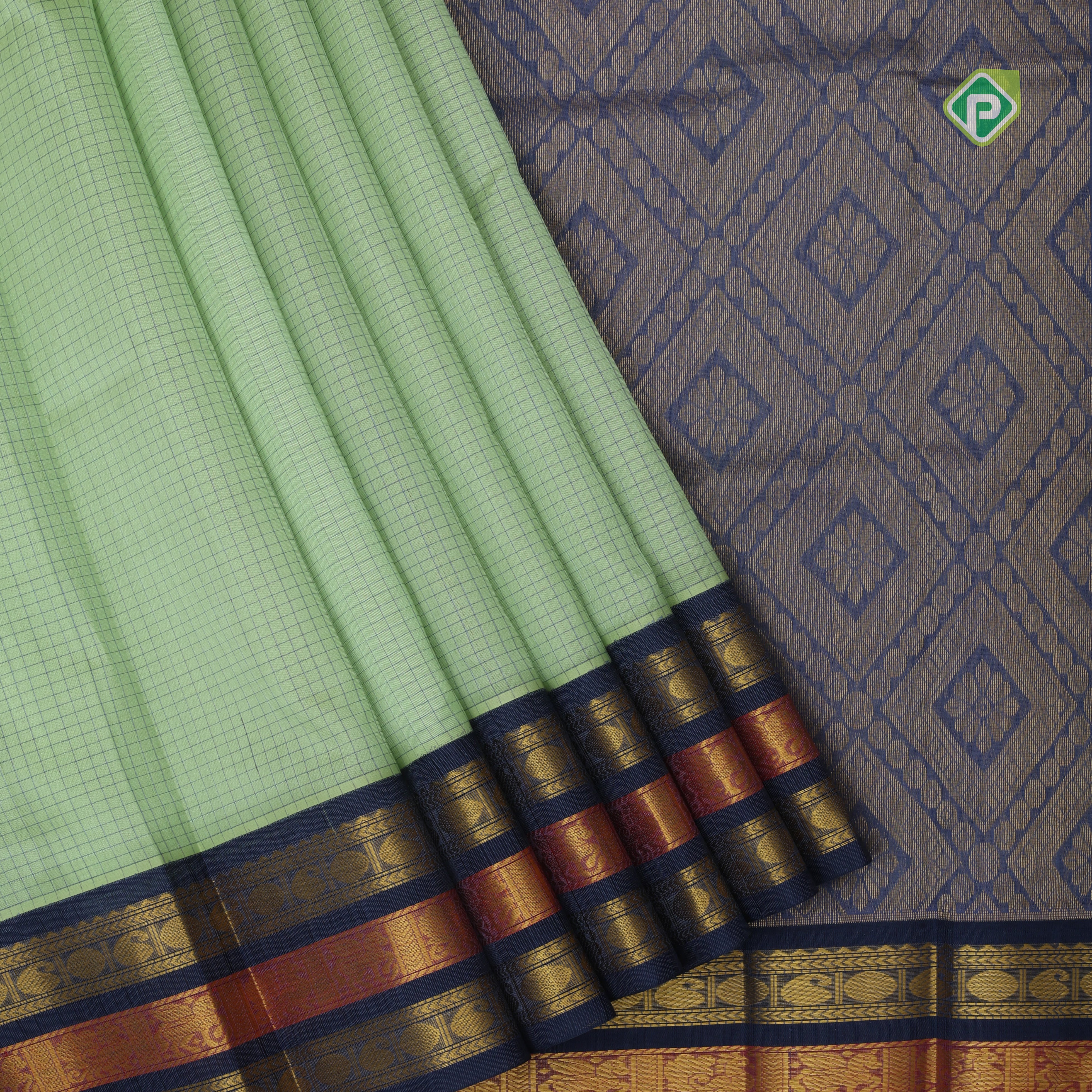 Mint green micro checks grand pallu design Bluish grey gold zari border silk cotton saree
