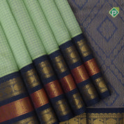 Mint green micro checks grand pallu design Bluish grey gold zari border silk cotton saree