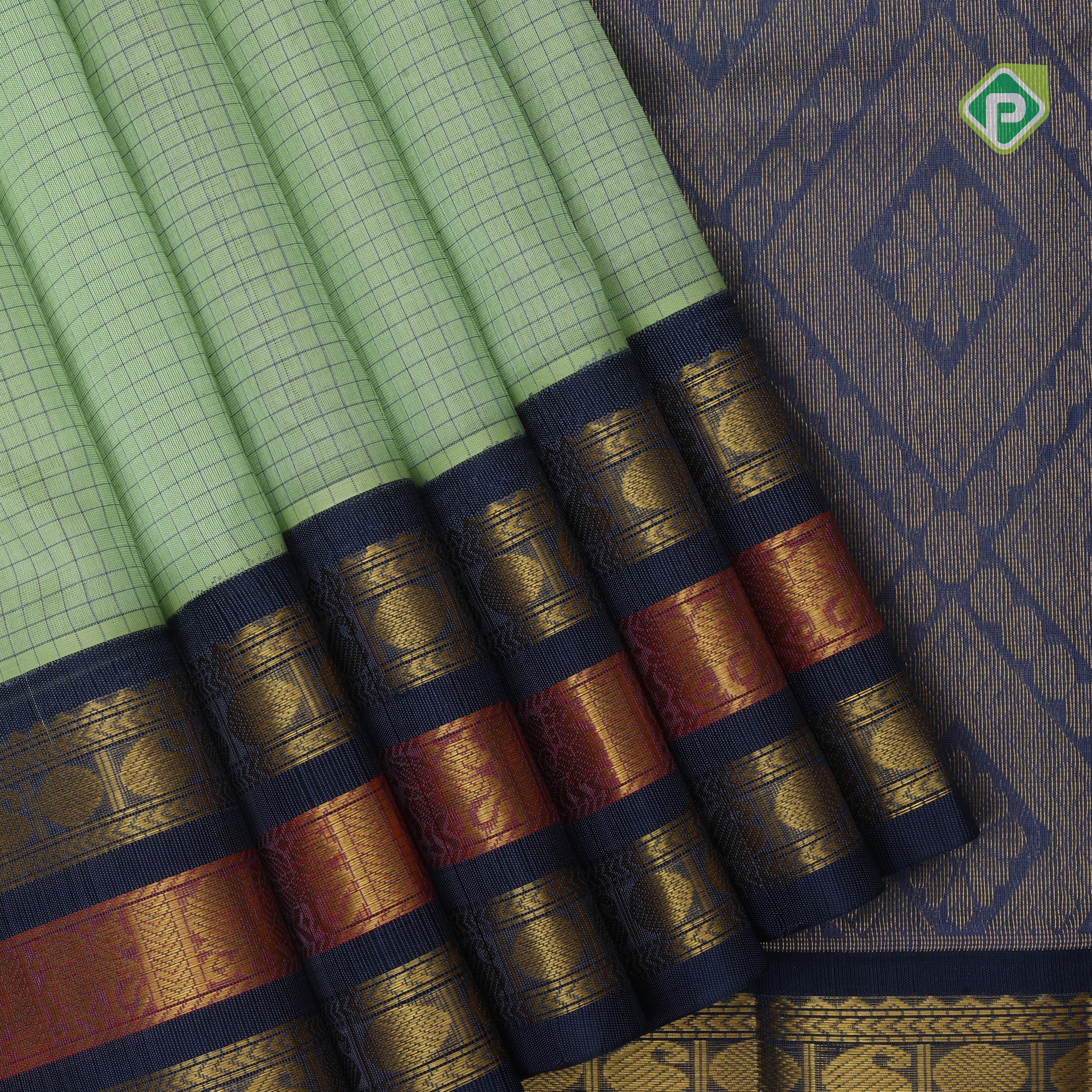 Mint green micro checks grand pallu design Bluish grey gold zari border silk cotton saree