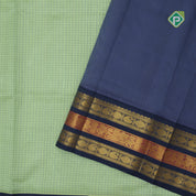 Mint green micro checks grand pallu design Bluish grey gold zari border silk cotton saree