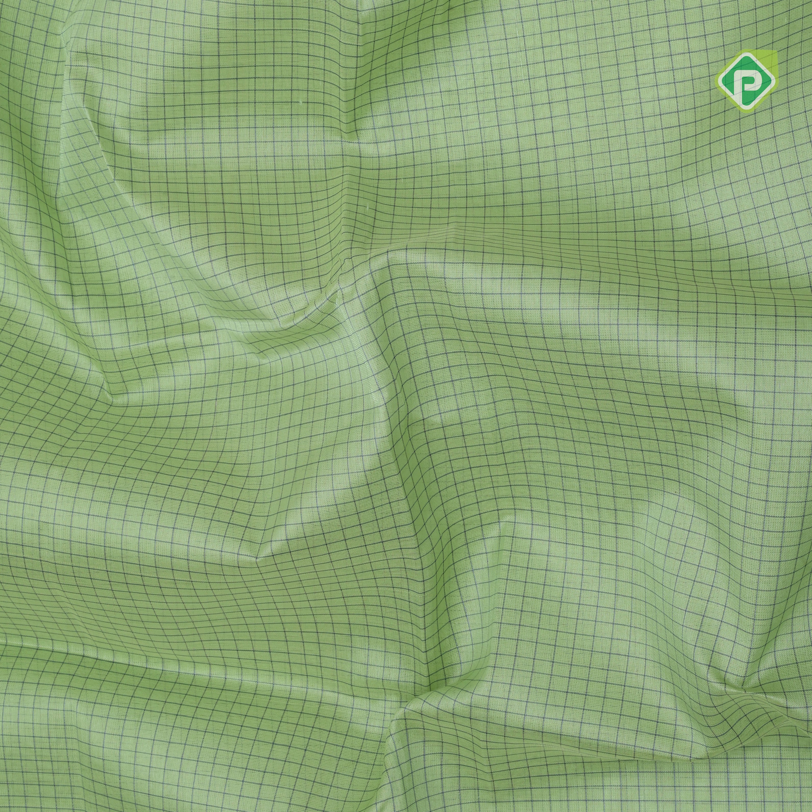 Mint green micro checks grand pallu design Bluish grey gold zari border silk cotton saree