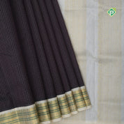 Dark violet White micro checks grand pallu design cream white gold zari border silk cotton saree