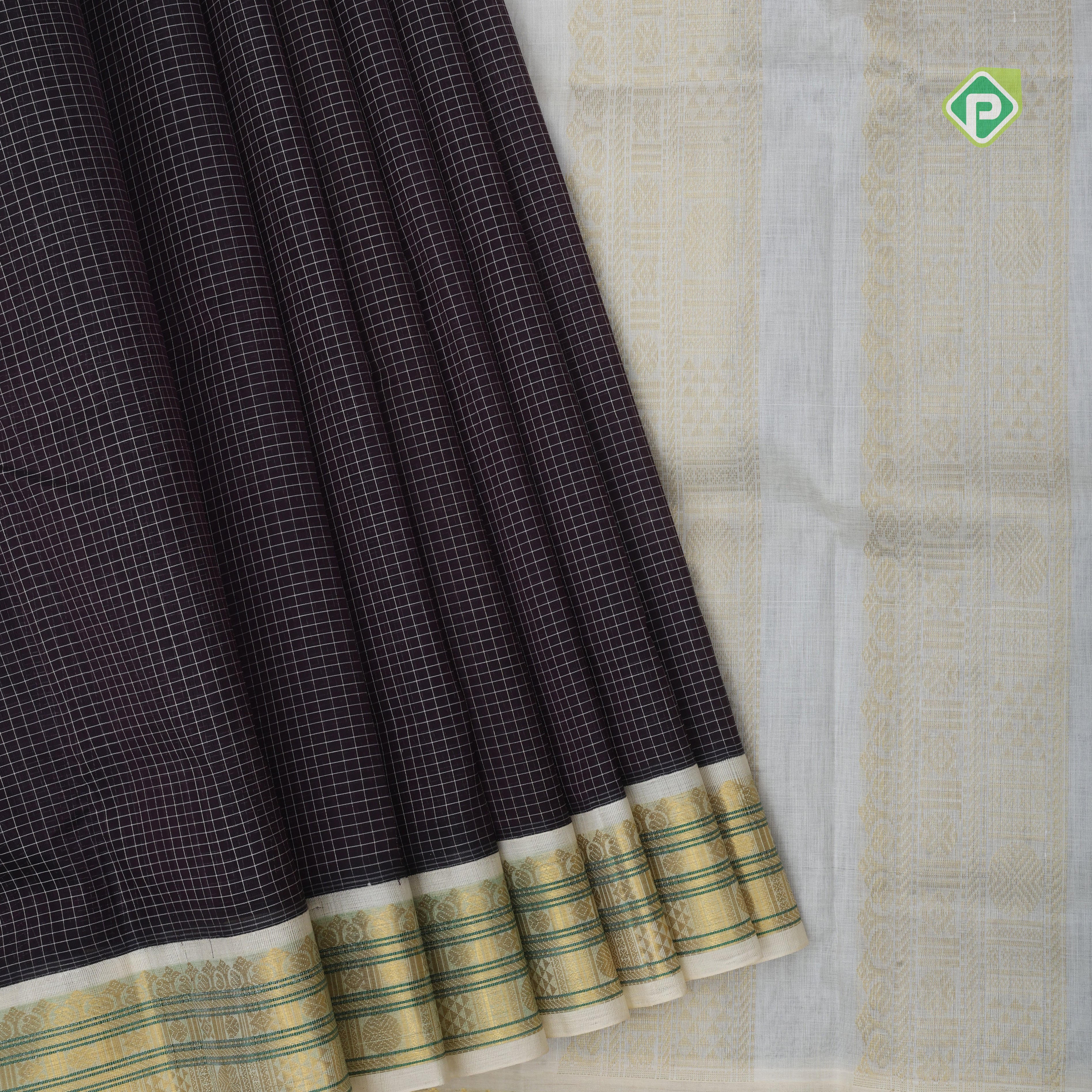 Dark violet White micro checks grand pallu design cream white gold zari border silk cotton saree