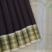 Dark violet White micro checks grand pallu design cream white gold zari border silk cotton saree