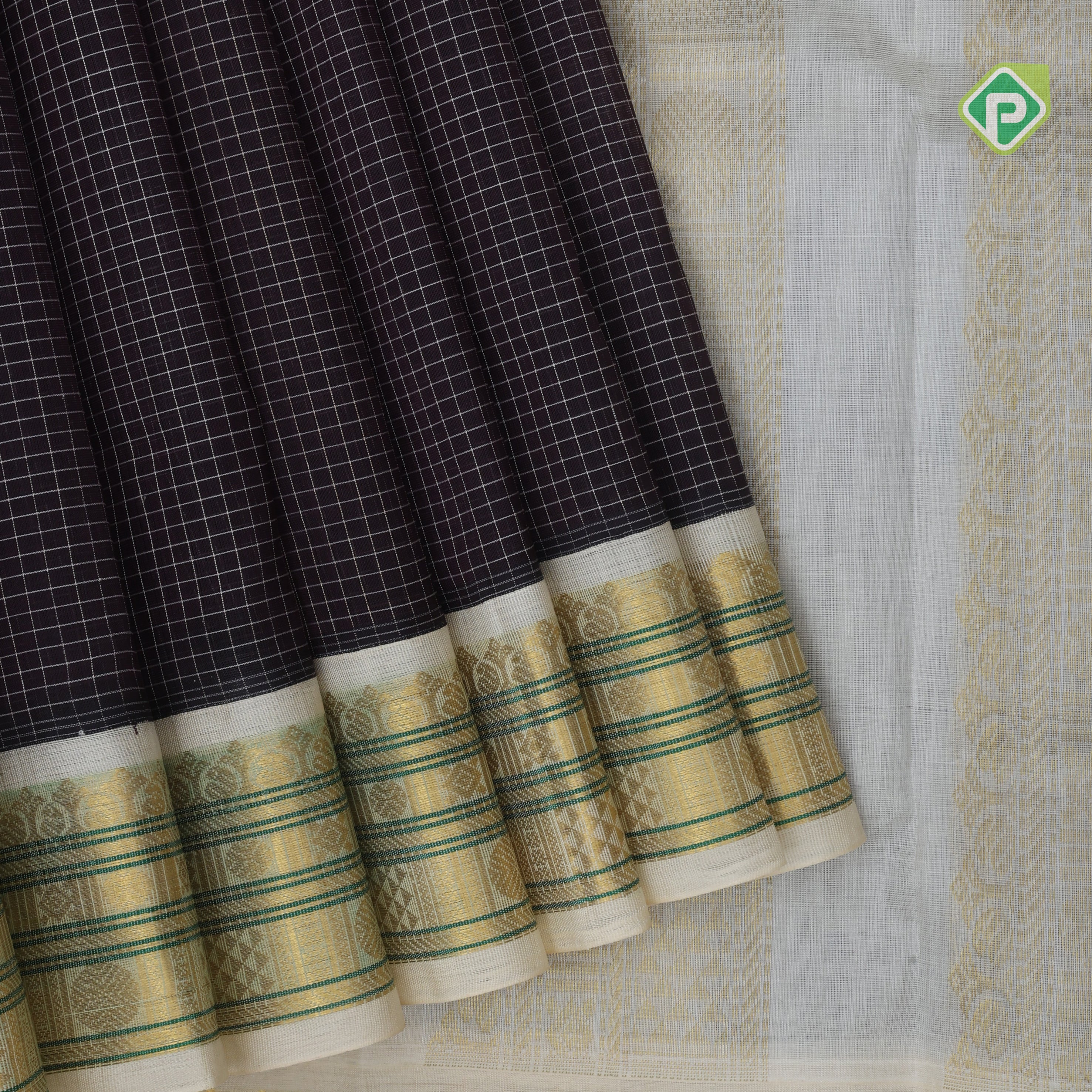 Dark violet White micro checks grand pallu design cream white gold zari border silk cotton saree