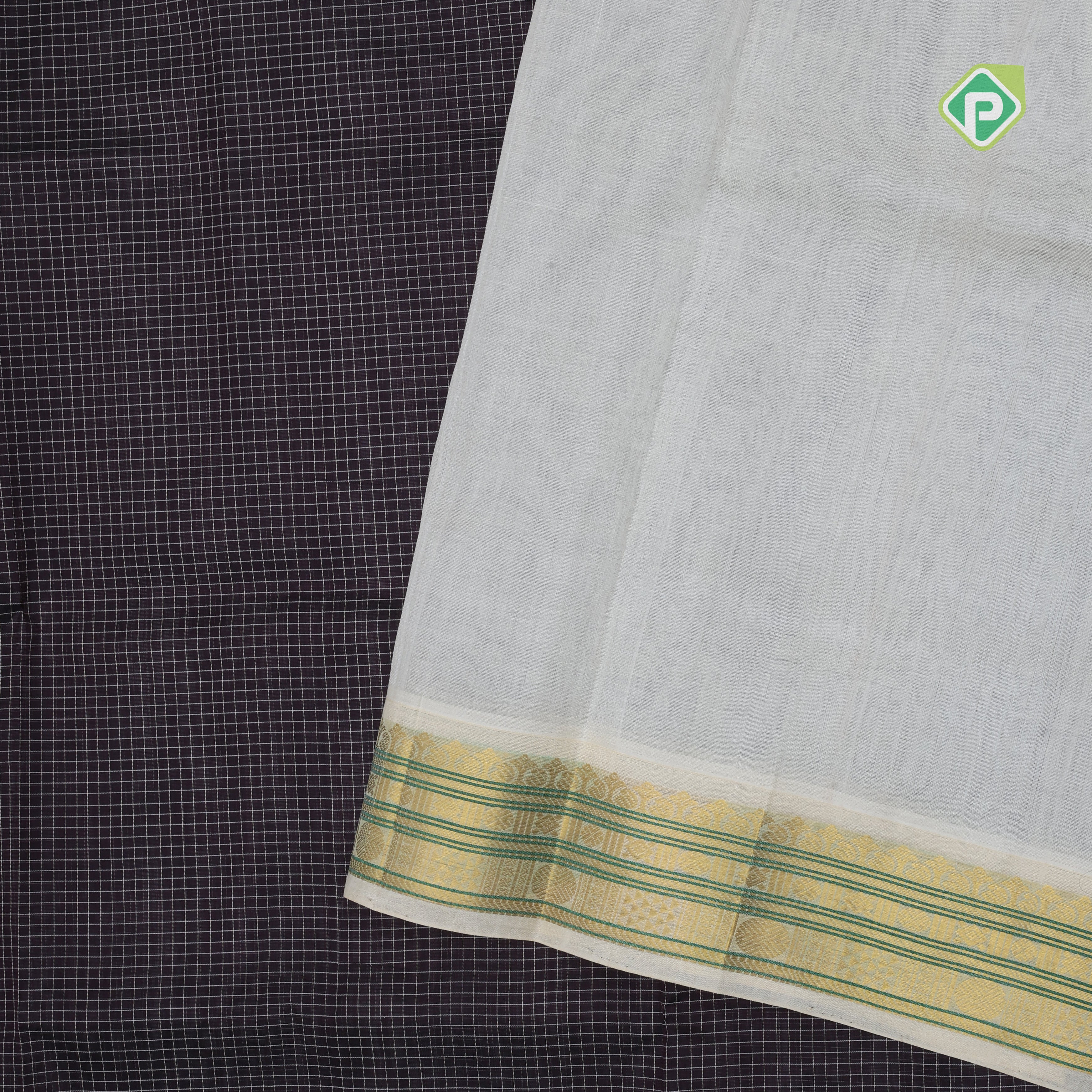 Dark violet White micro checks grand pallu design cream white gold zari border silk cotton saree