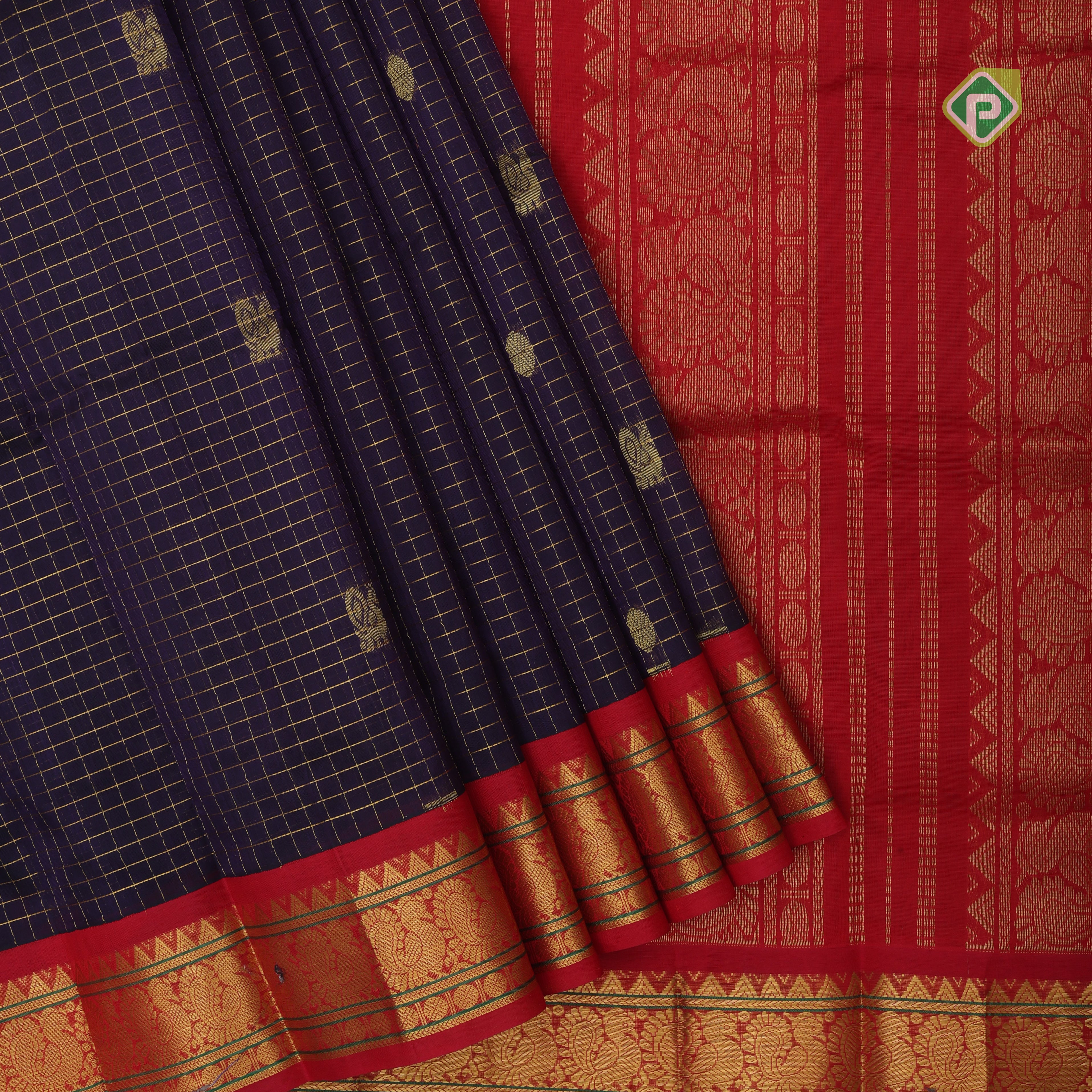 Violet gold zari mayil rudraksham butta checked grand pallu design contrast red border silk cotton saree