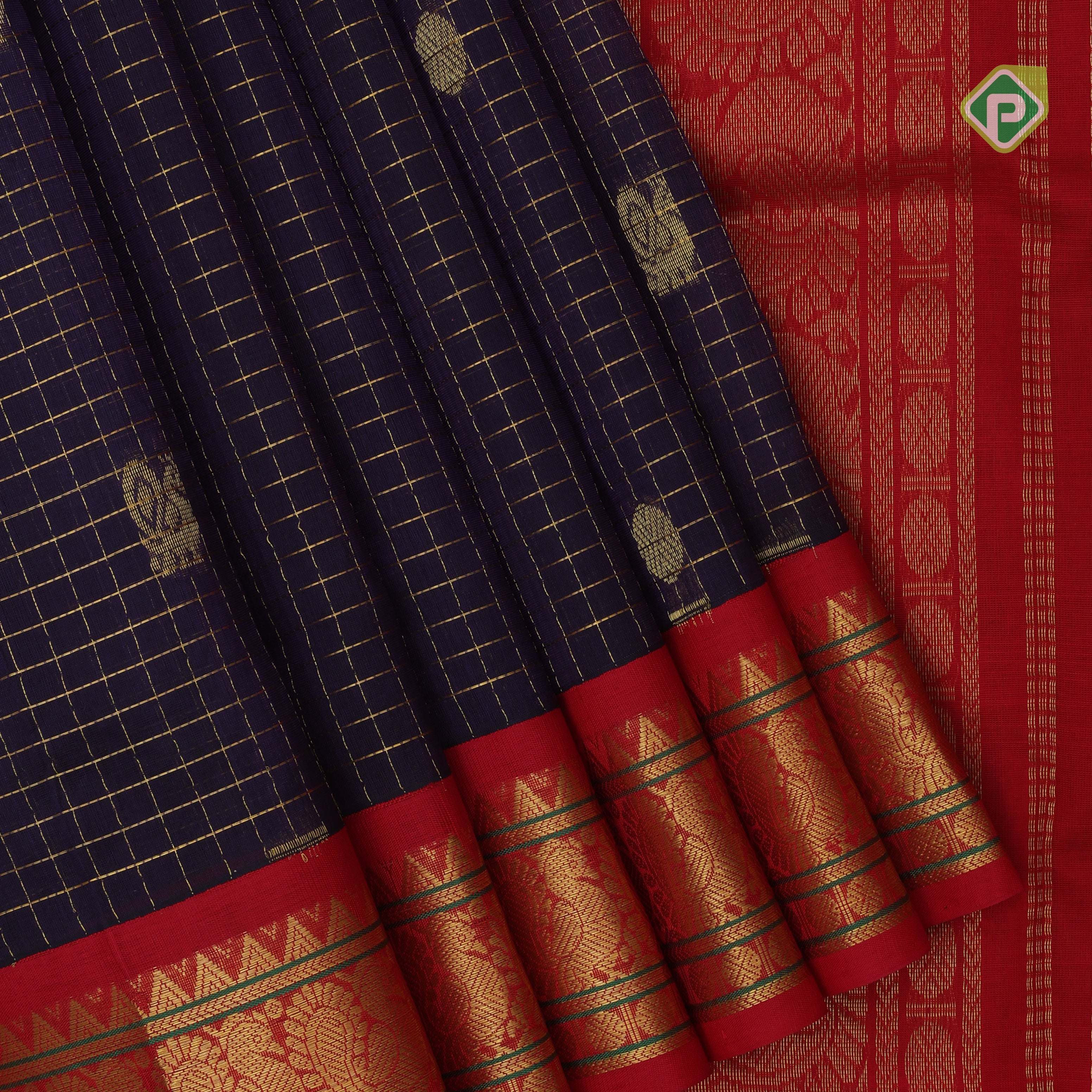 Violet gold zari mayil rudraksham butta checked grand pallu design contrast red border silk cotton saree