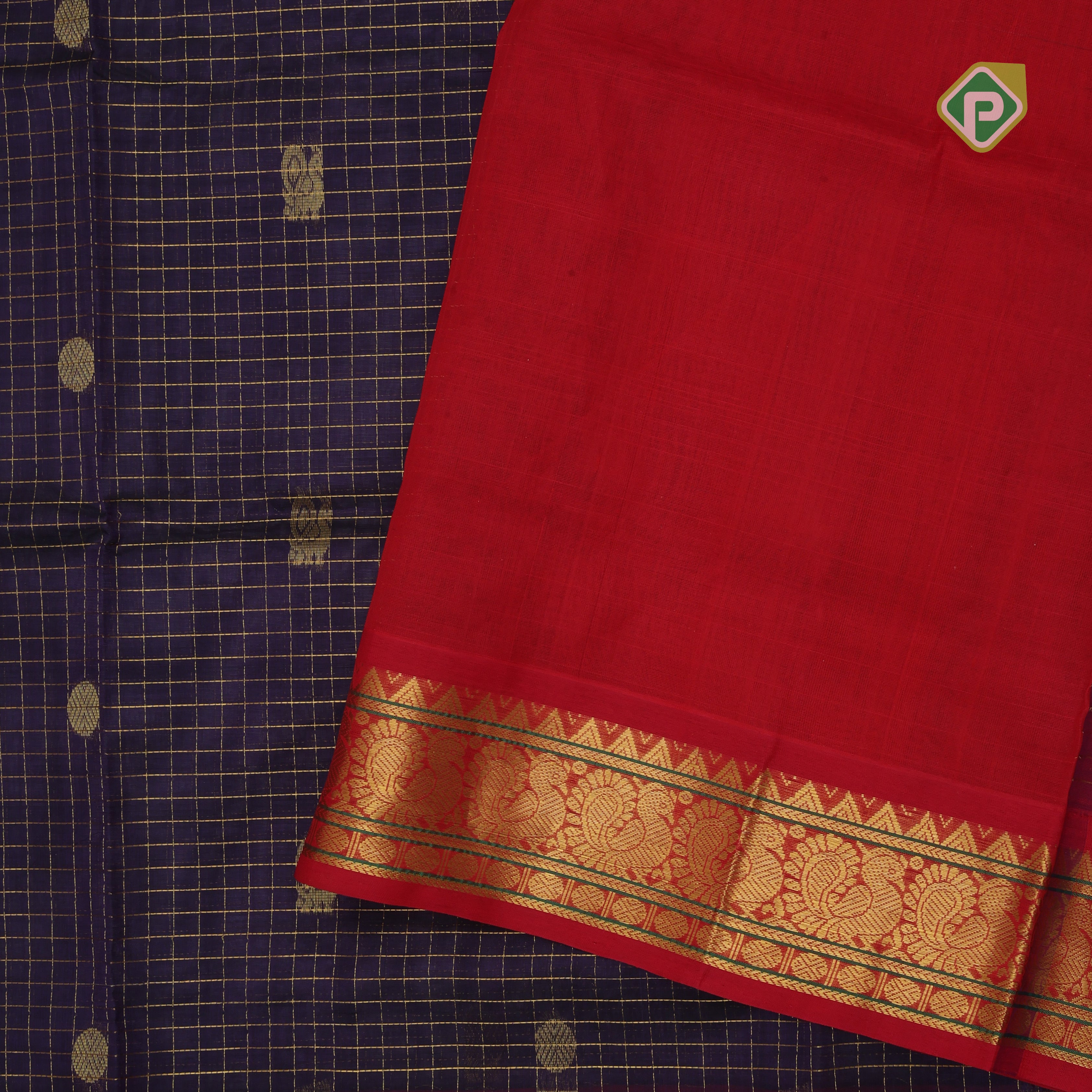 Violet gold zari mayil rudraksham butta checked grand pallu design contrast red border silk cotton saree
