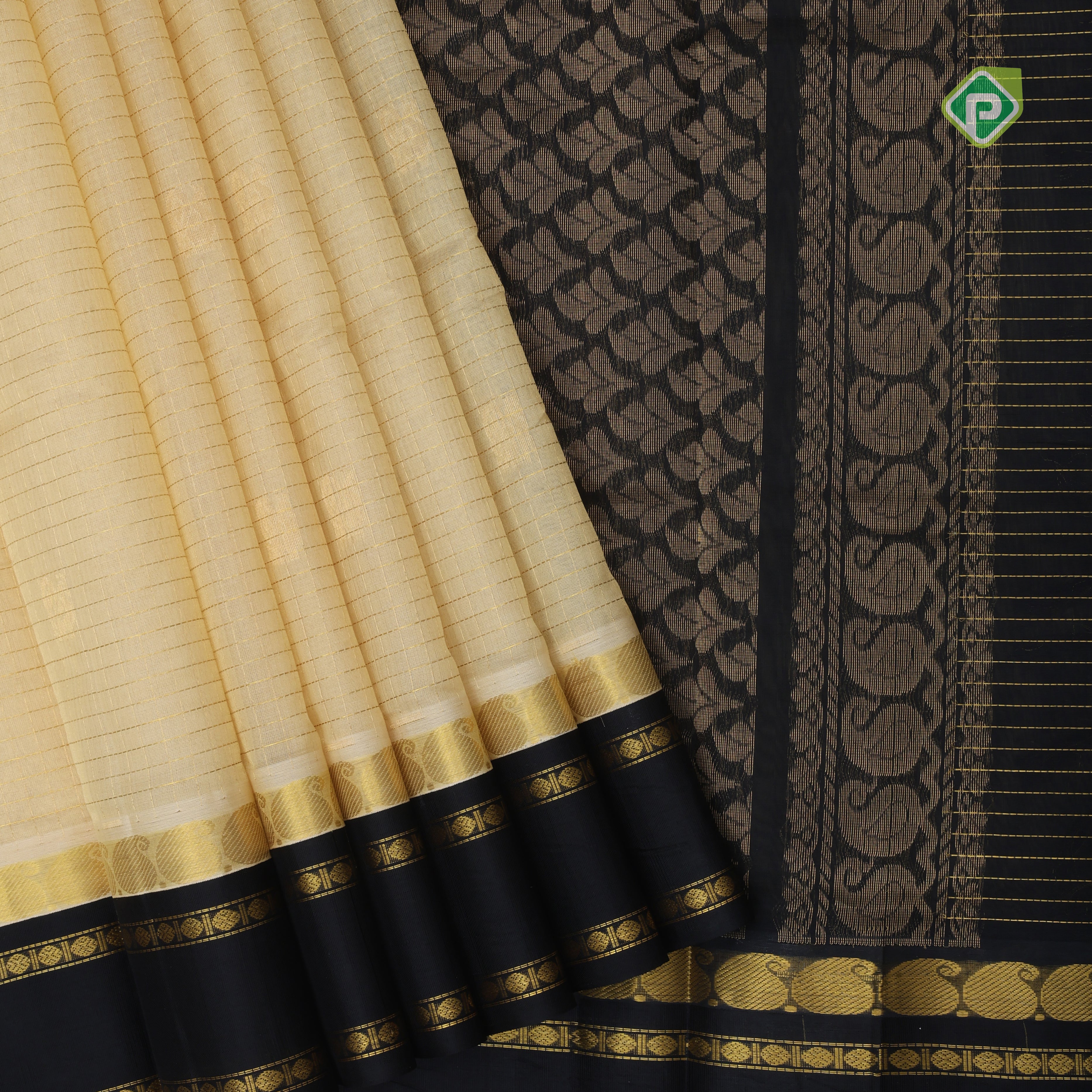 Sandal gold zari mayil rudraksham butta checked grand pallu design Black border silk cotton saree