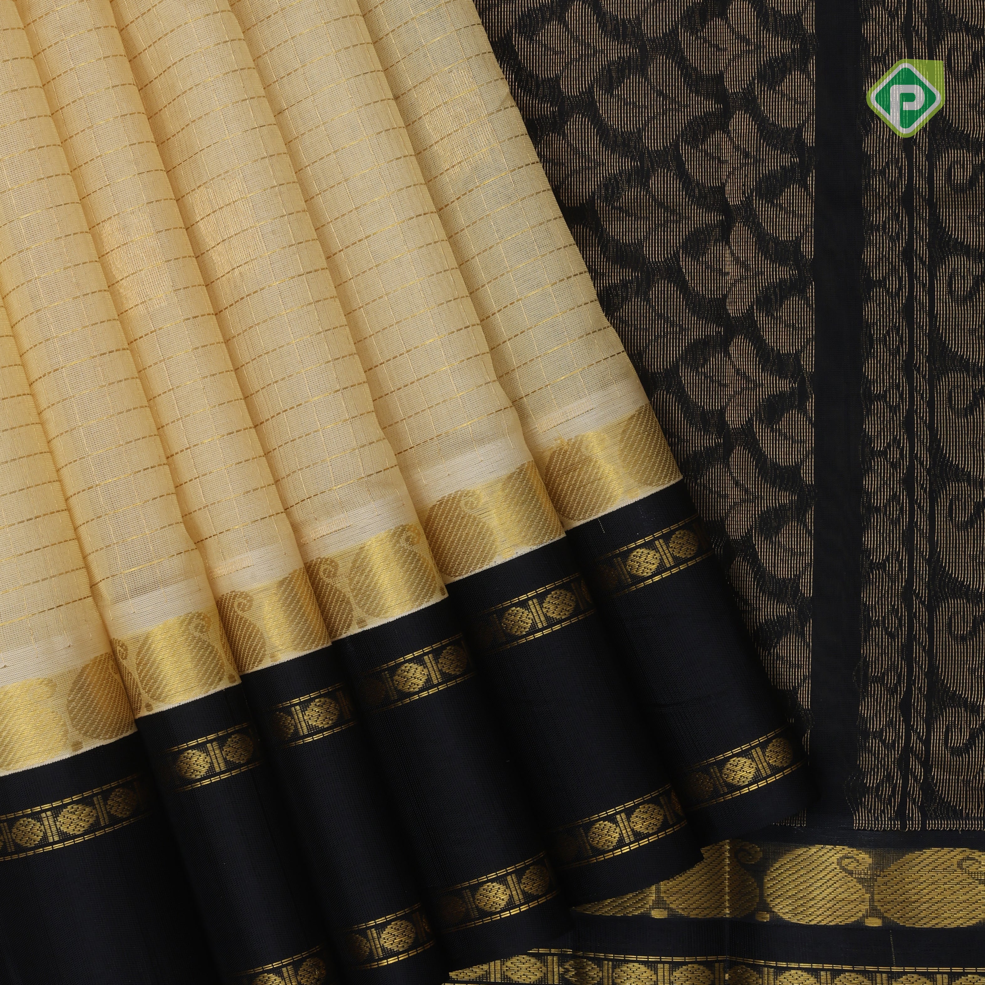 Sandal gold zari mayil rudraksham butta checked grand pallu design Black border silk cotton saree
