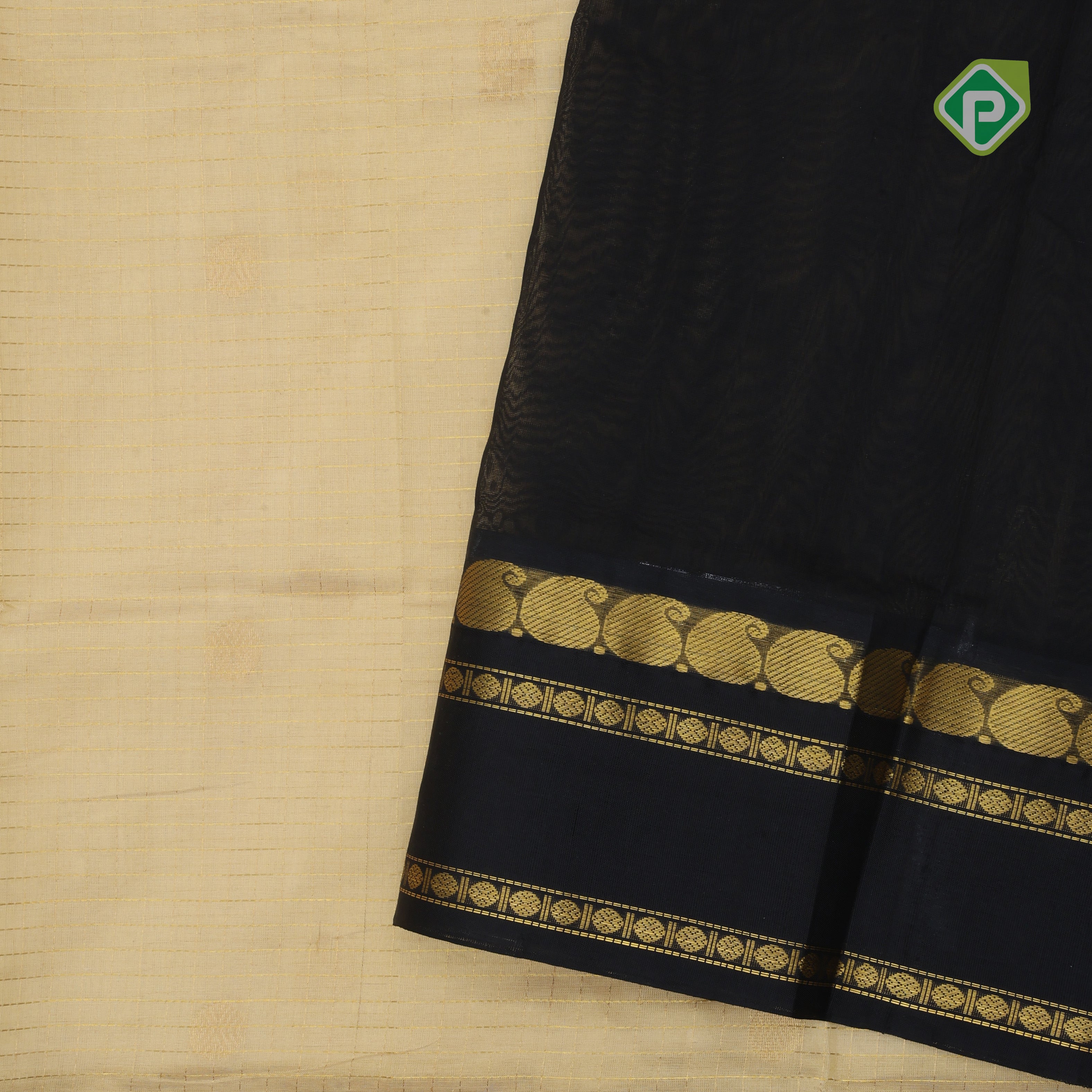 Sandal gold zari mayil rudraksham butta checked grand pallu design Black border silk cotton saree
