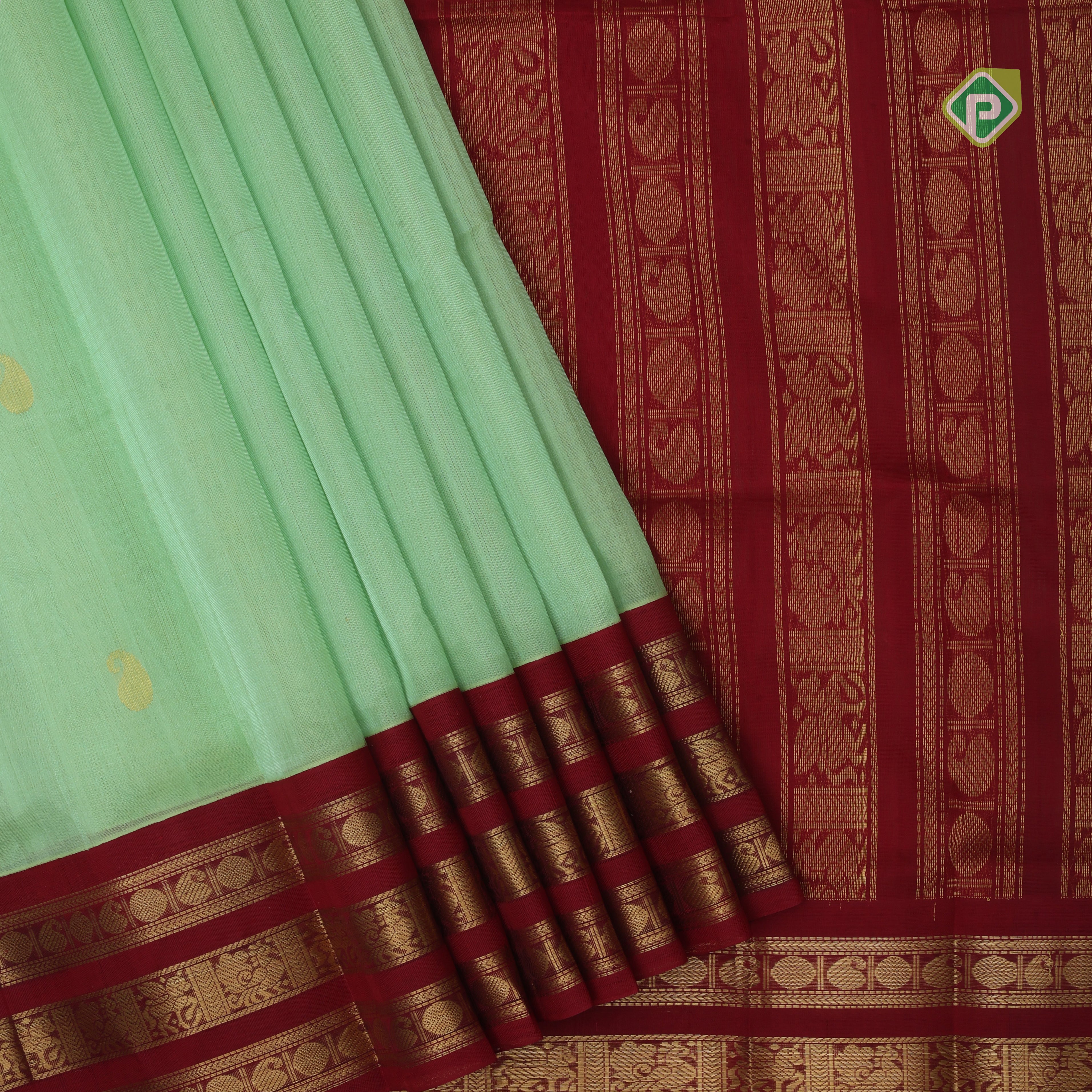 Pista green butta design red grand pallu concept rani red gold zari border silk cotton saree
