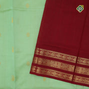 Pista green butta design red grand pallu concept rani red gold zari border silk cotton saree