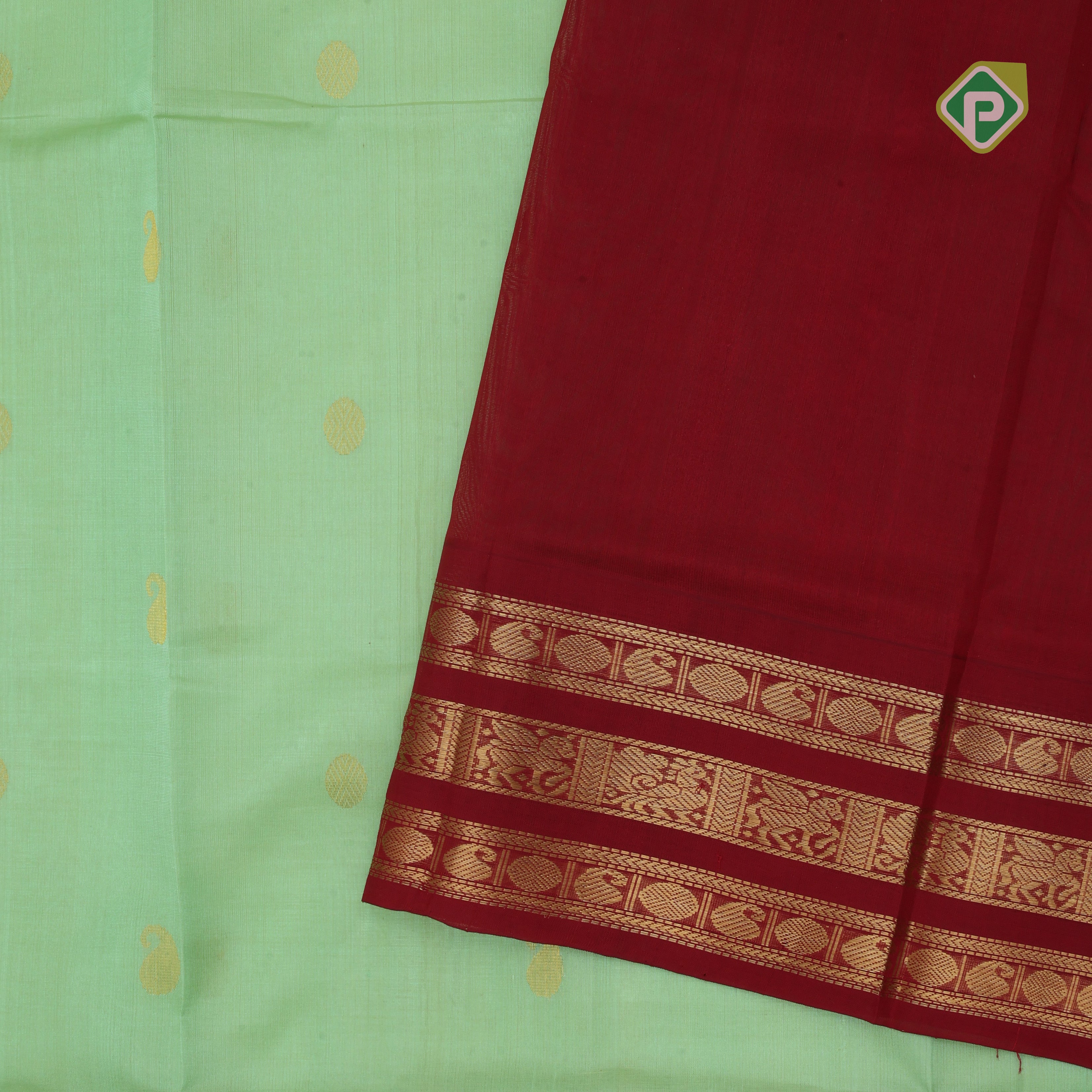 Pista green butta design red grand pallu concept rani red gold zari border silk cotton saree