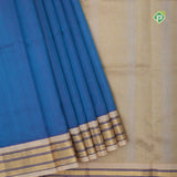 Peacock blue plain contrast red grand pallu concept cream white gold zari thread lines silk cotton saree