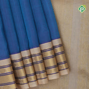 Peacock blue plain contrast red grand pallu concept cream white gold zari thread lines silk cotton saree