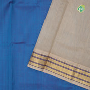 Peacock blue plain contrast red grand pallu concept cream white gold zari thread lines silk cotton saree