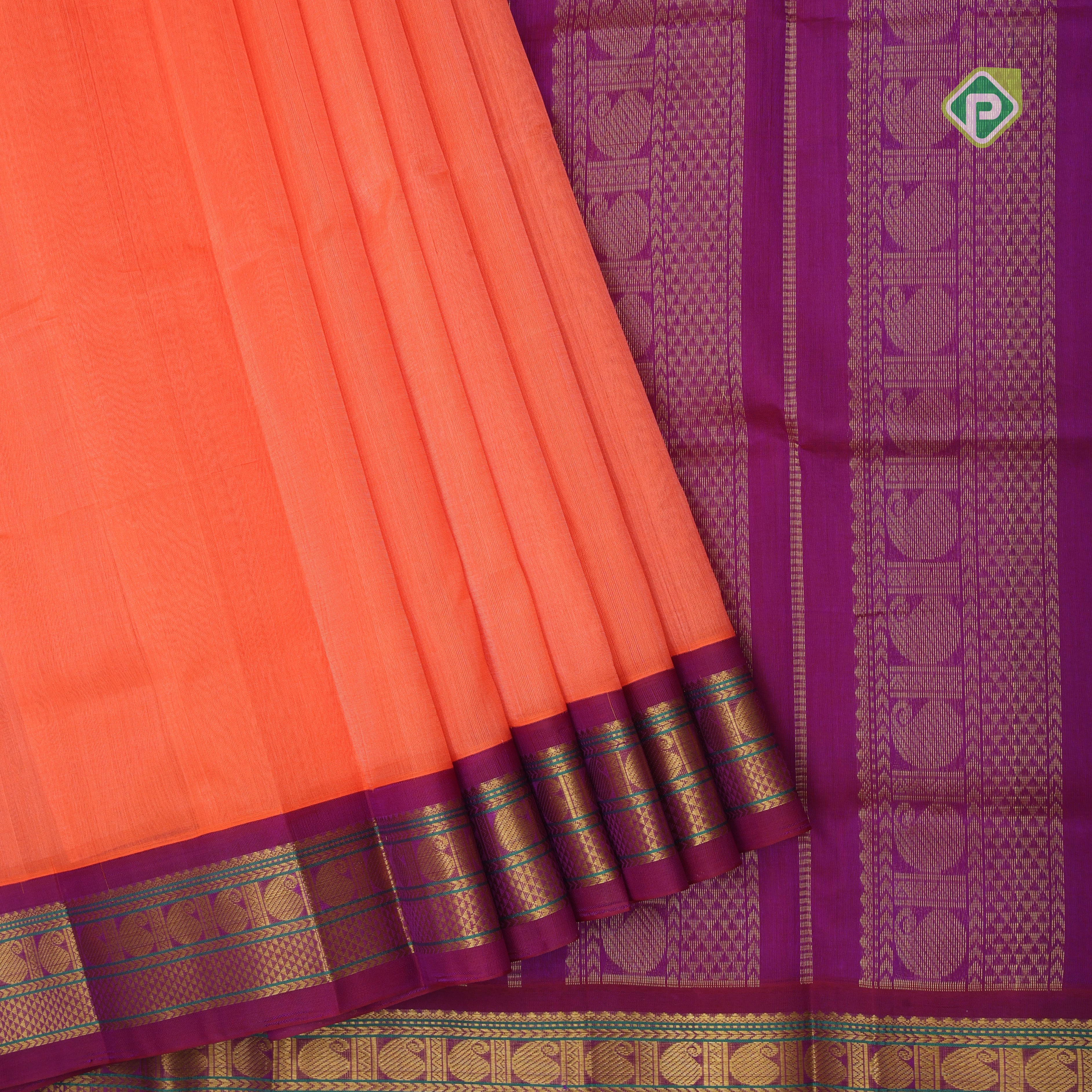 orange plain contrast red grand pallu concept rani pink gold zari thread mango lines silk cotton saree
