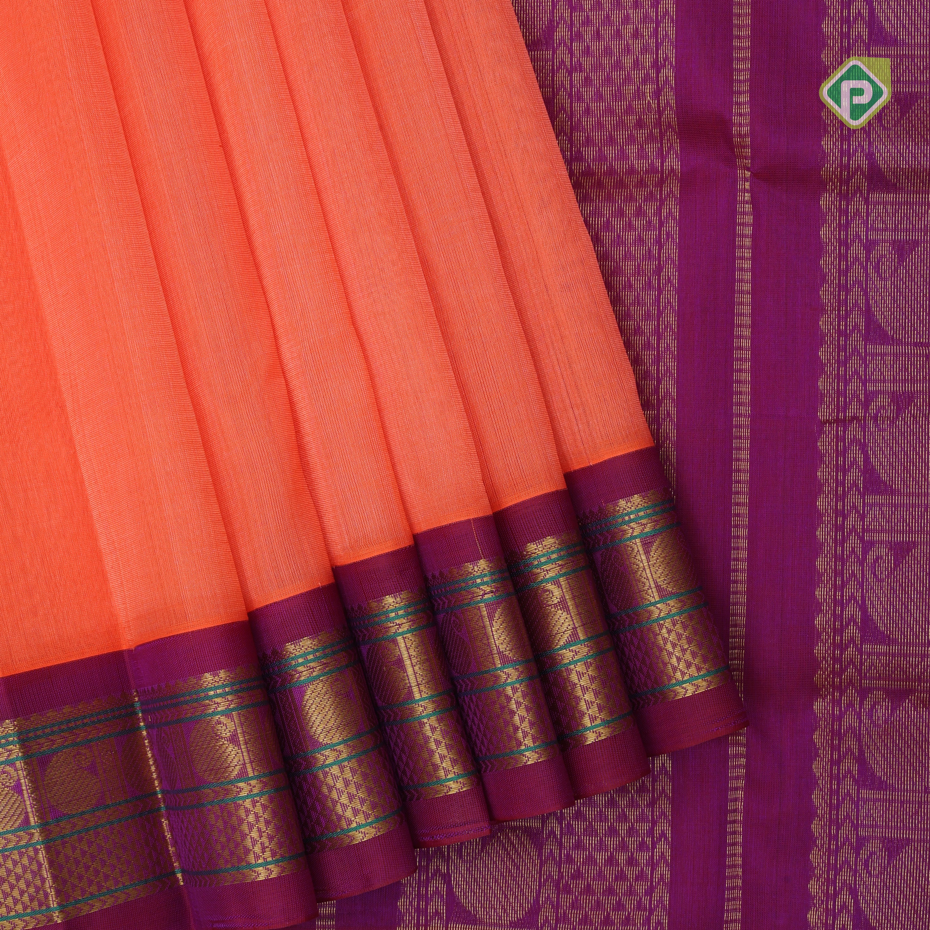orange plain contrast red grand pallu concept rani pink gold zari thread mango lines silk cotton saree