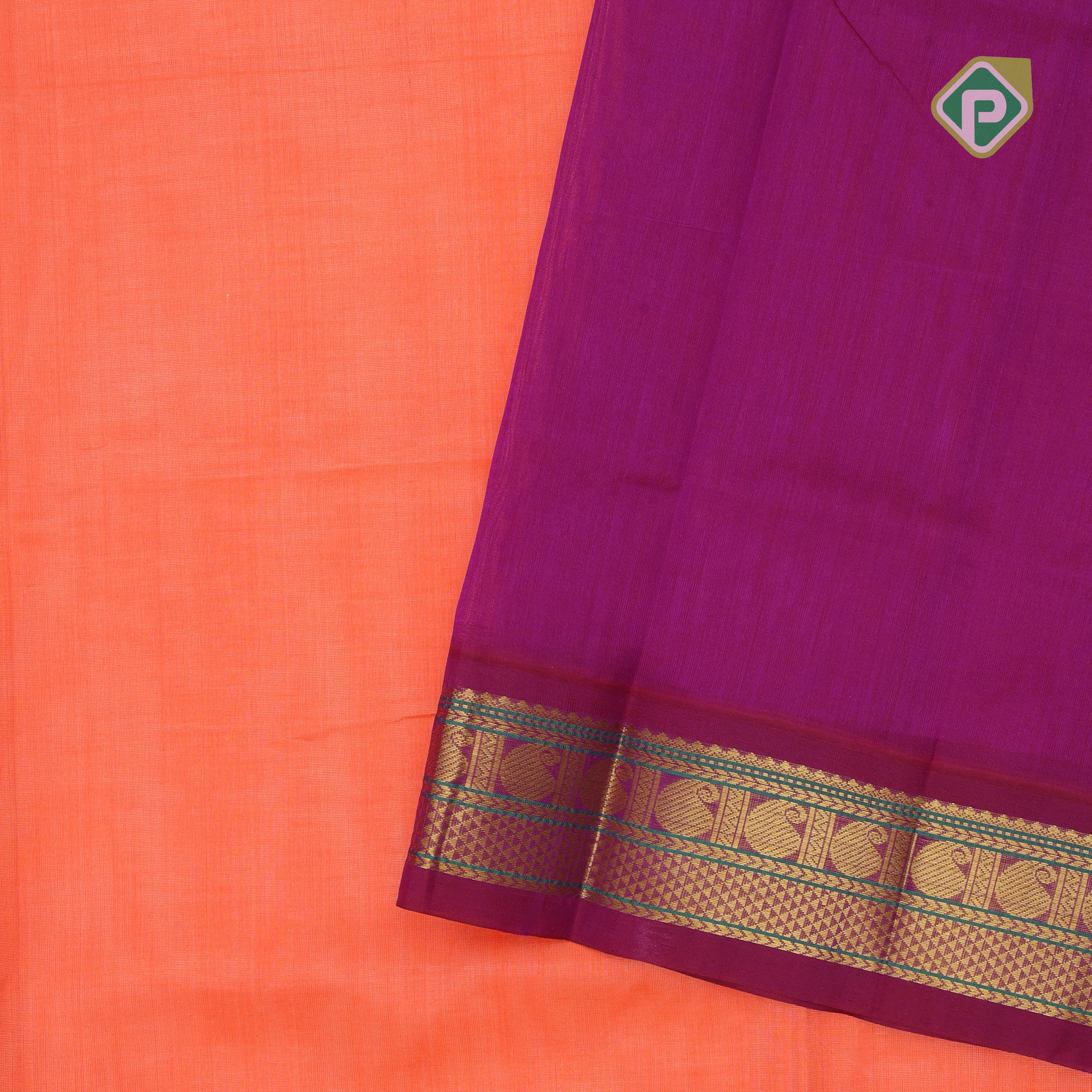 orange plain contrast red grand pallu concept rani pink gold zari thread mango lines silk cotton saree